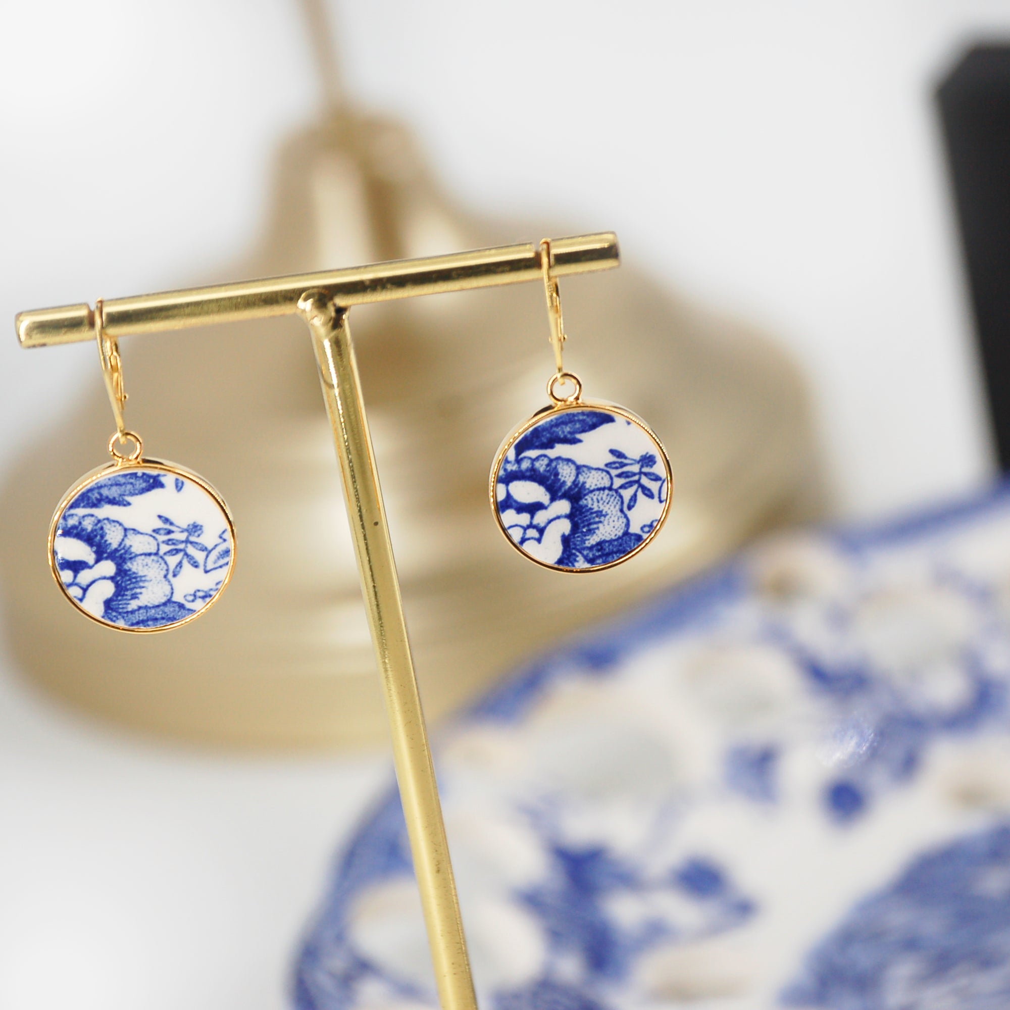 "Blue Flower" earrings, gold finish