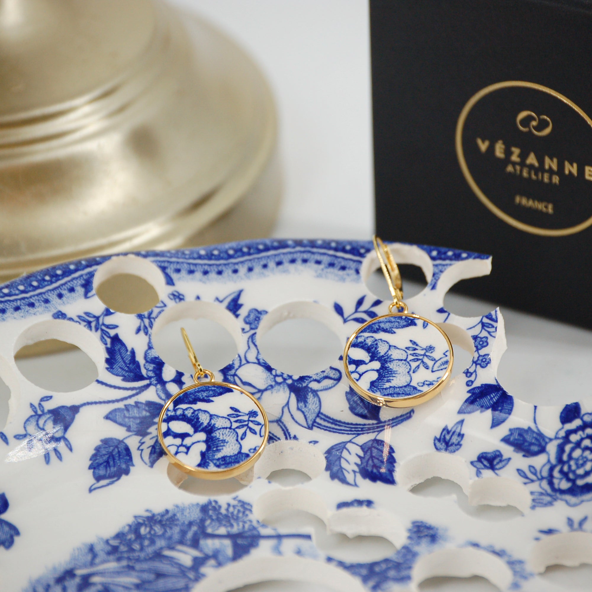 "Blue Flower" earrings, gold finish