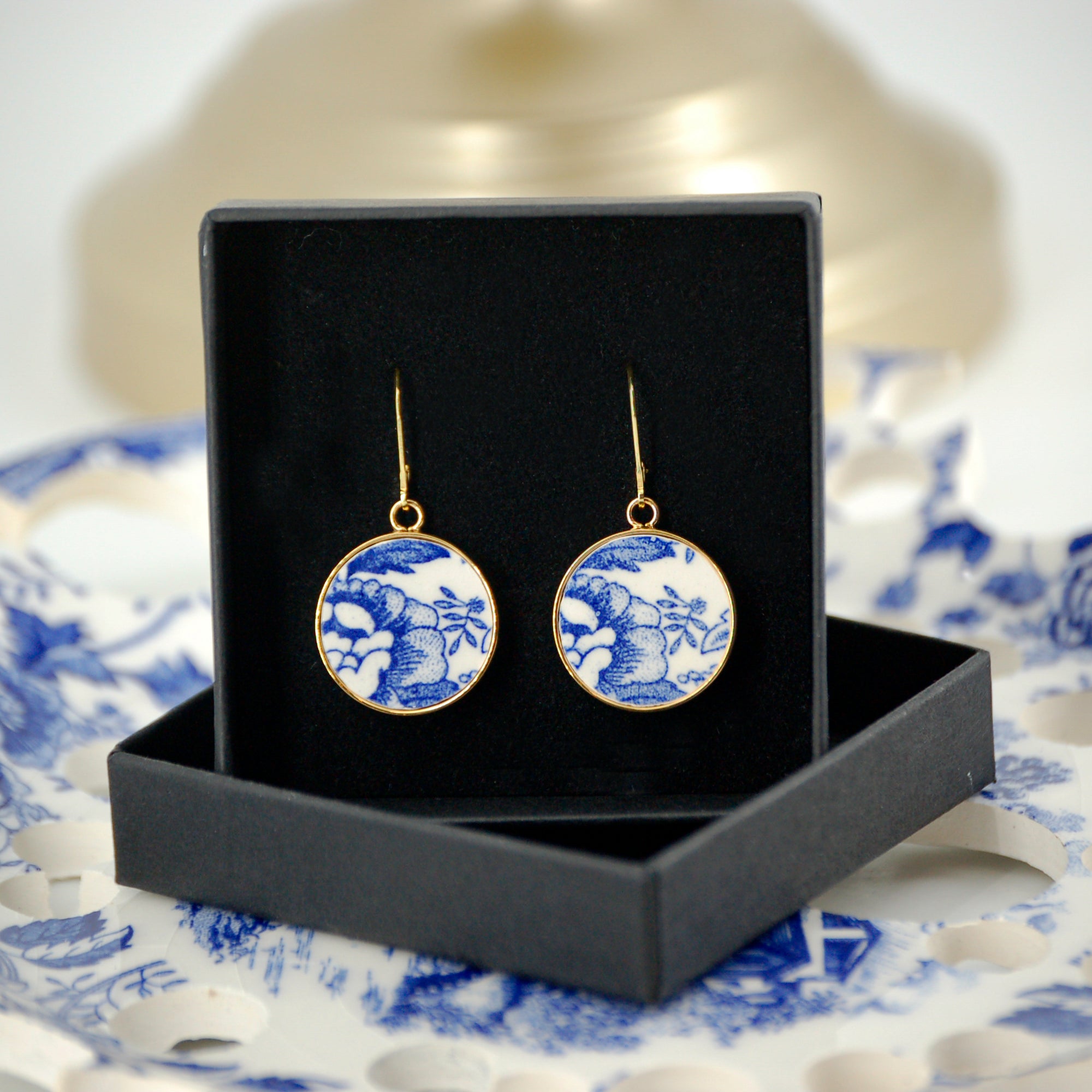 "Blue Flower" earrings, gold finish