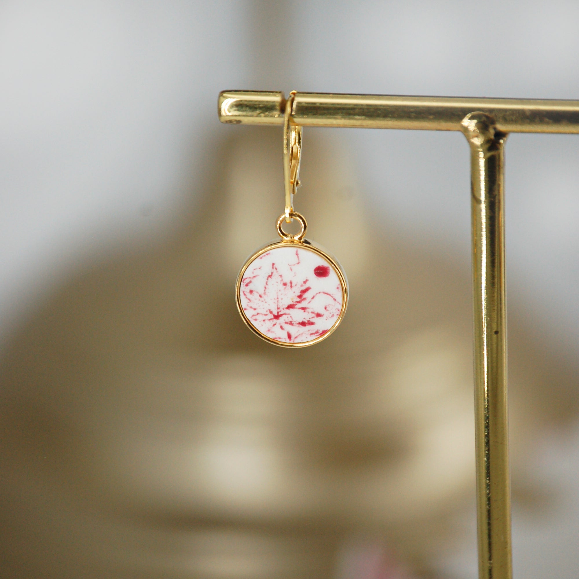 "Red Vine Leaf" earrings, gold finish