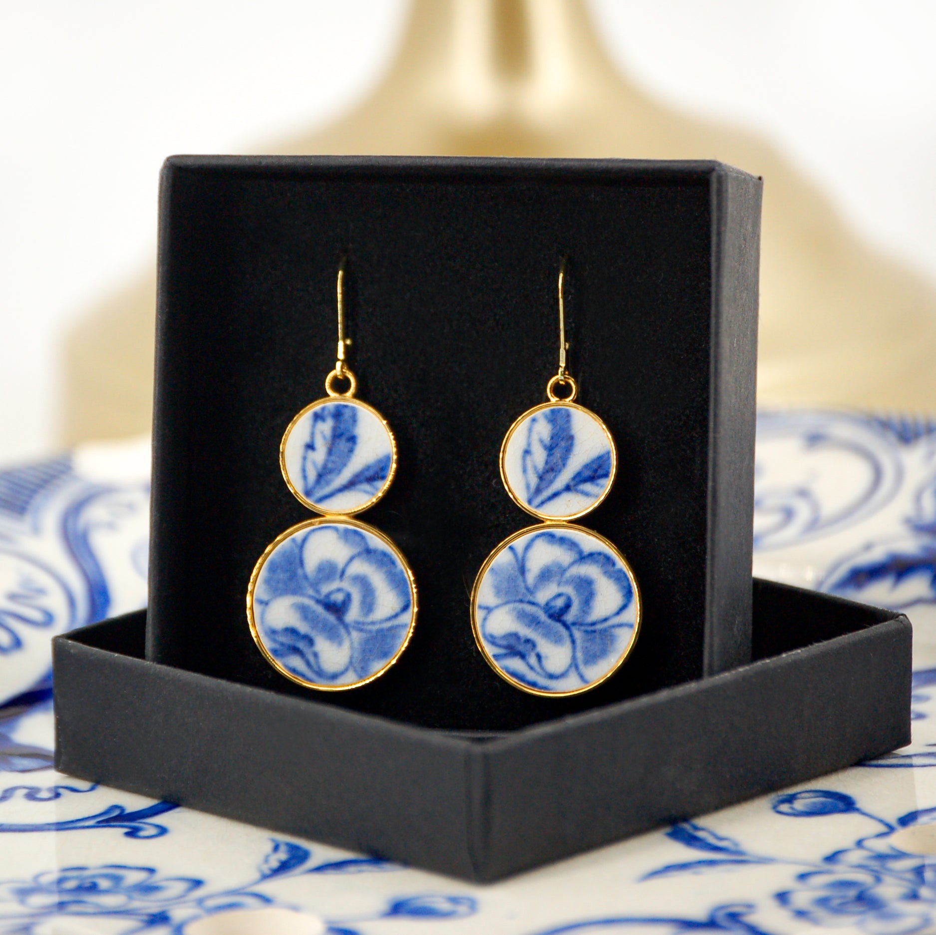 "Blue Hibiscus Flower" earrings, gold finish