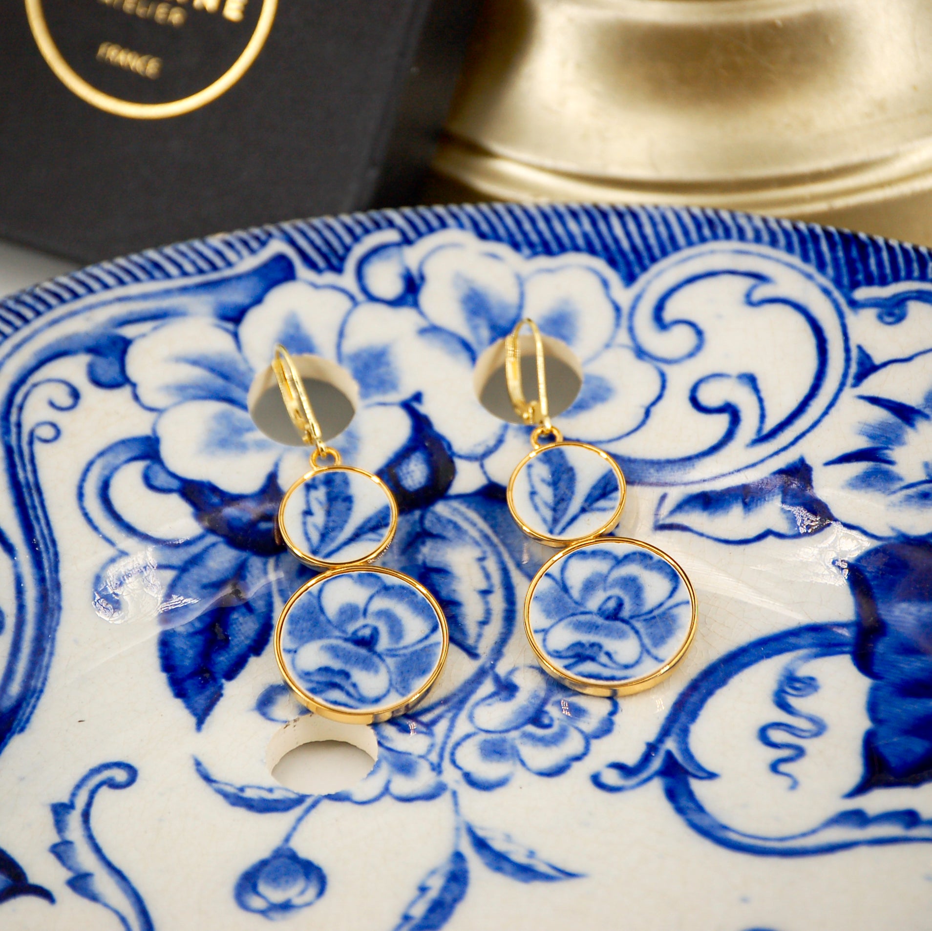 "Blue Hibiscus Flower" earrings, gold finish
