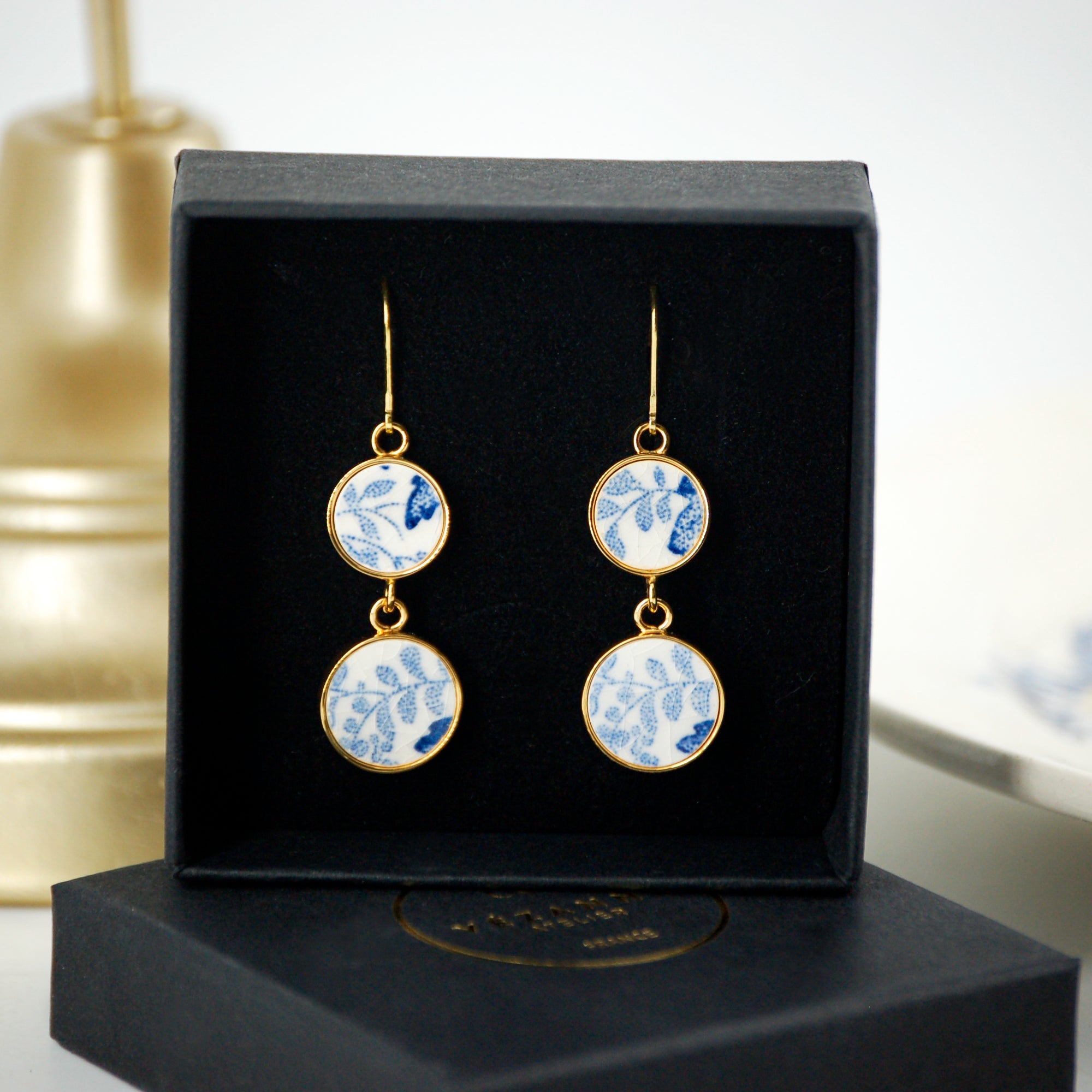 "Blue Foliage" earrings, gold finish