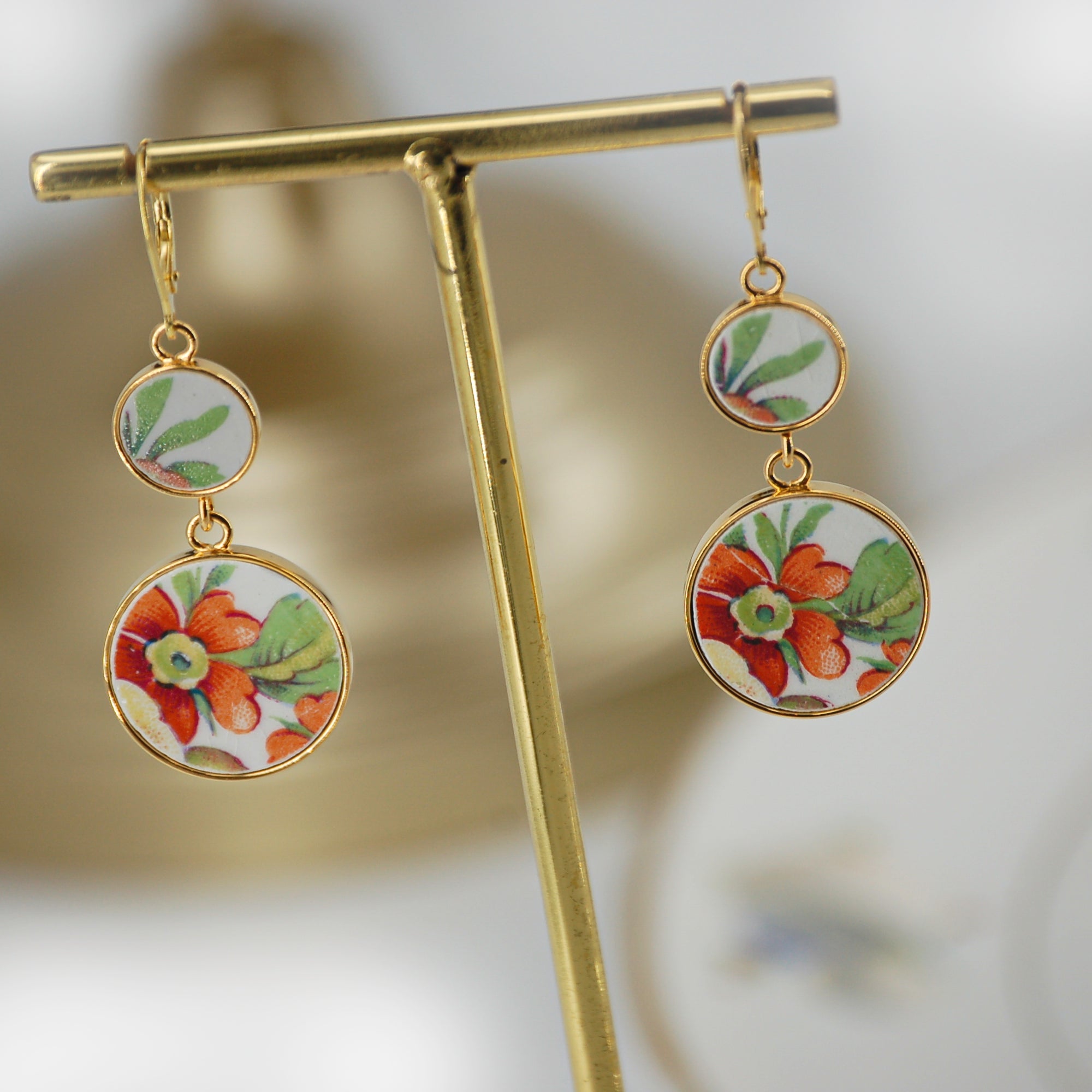 "Orange Flower and Foliage" Earrings, Gold Finish