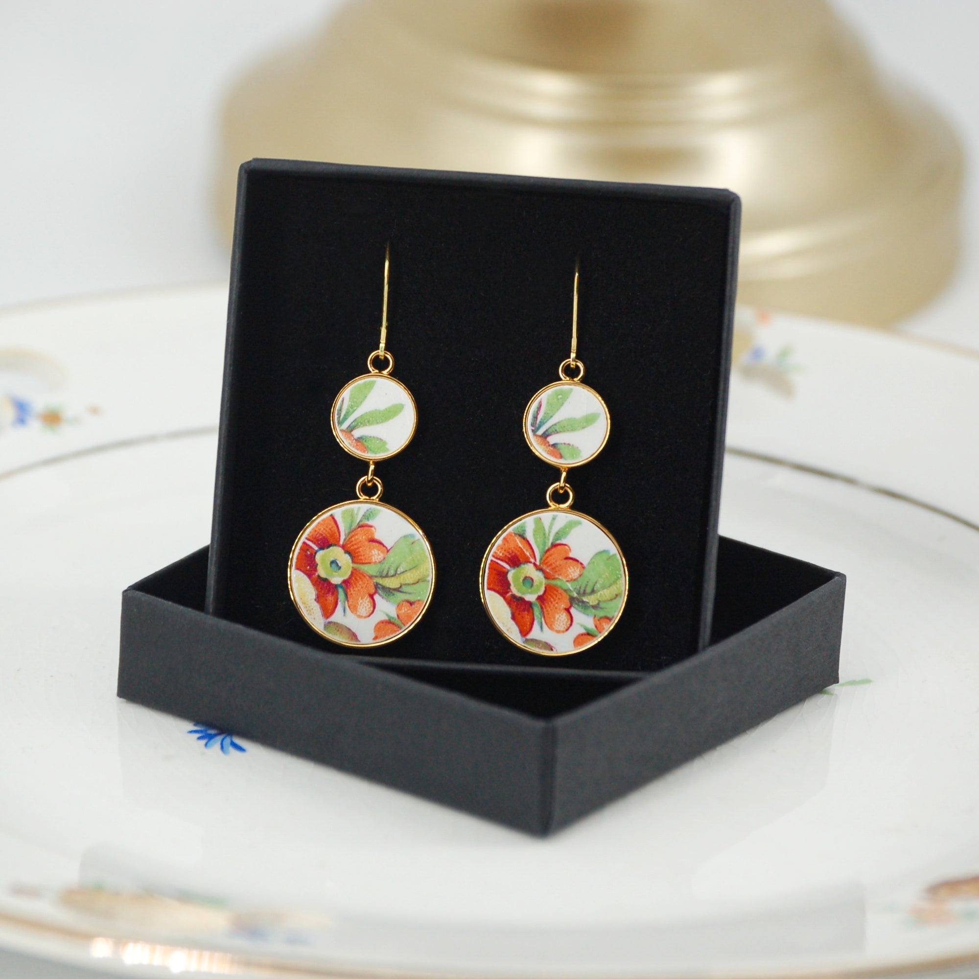"Orange Flower and Foliage" Earrings, Gold Finish
