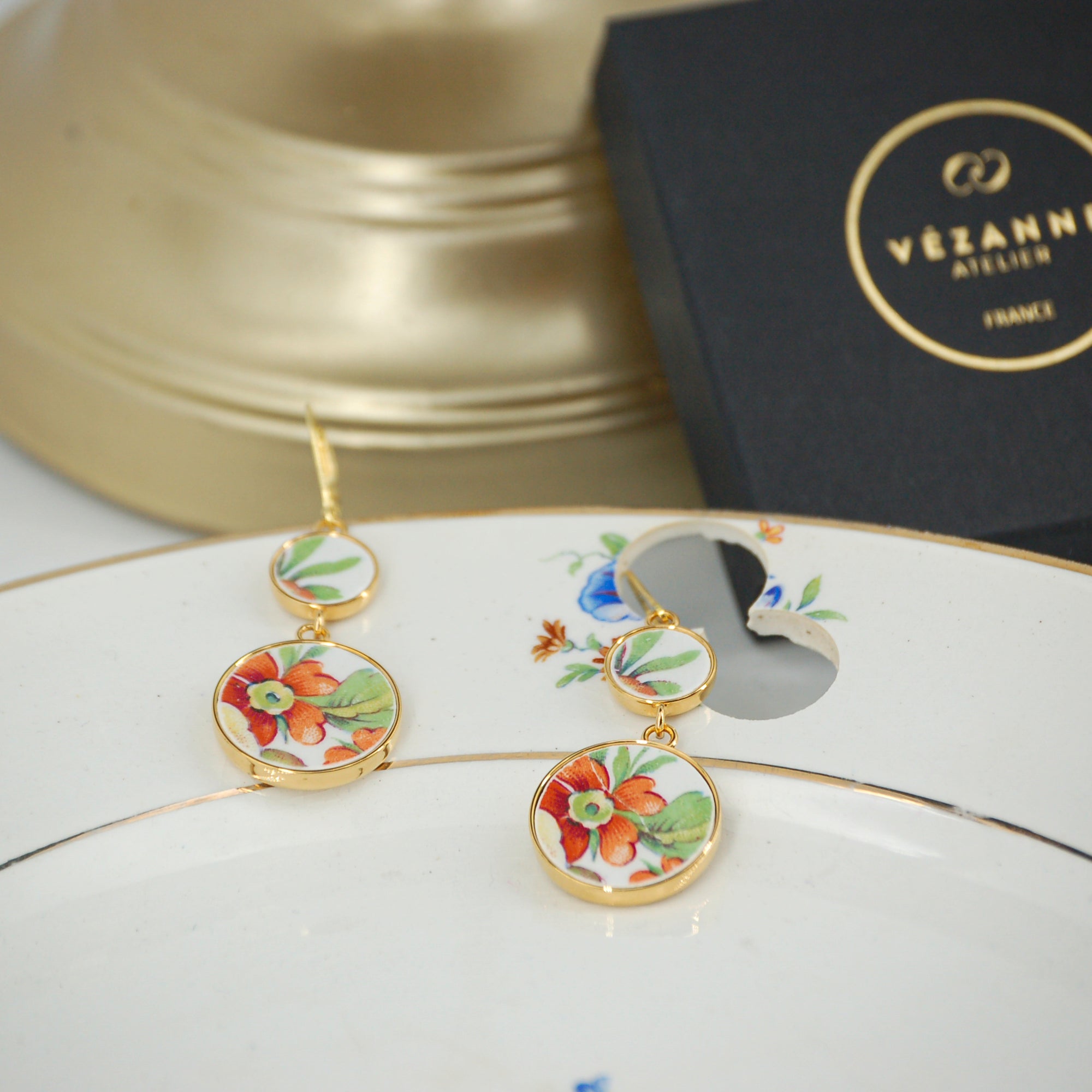 "Orange Flower and Foliage" Earrings, Gold Finish