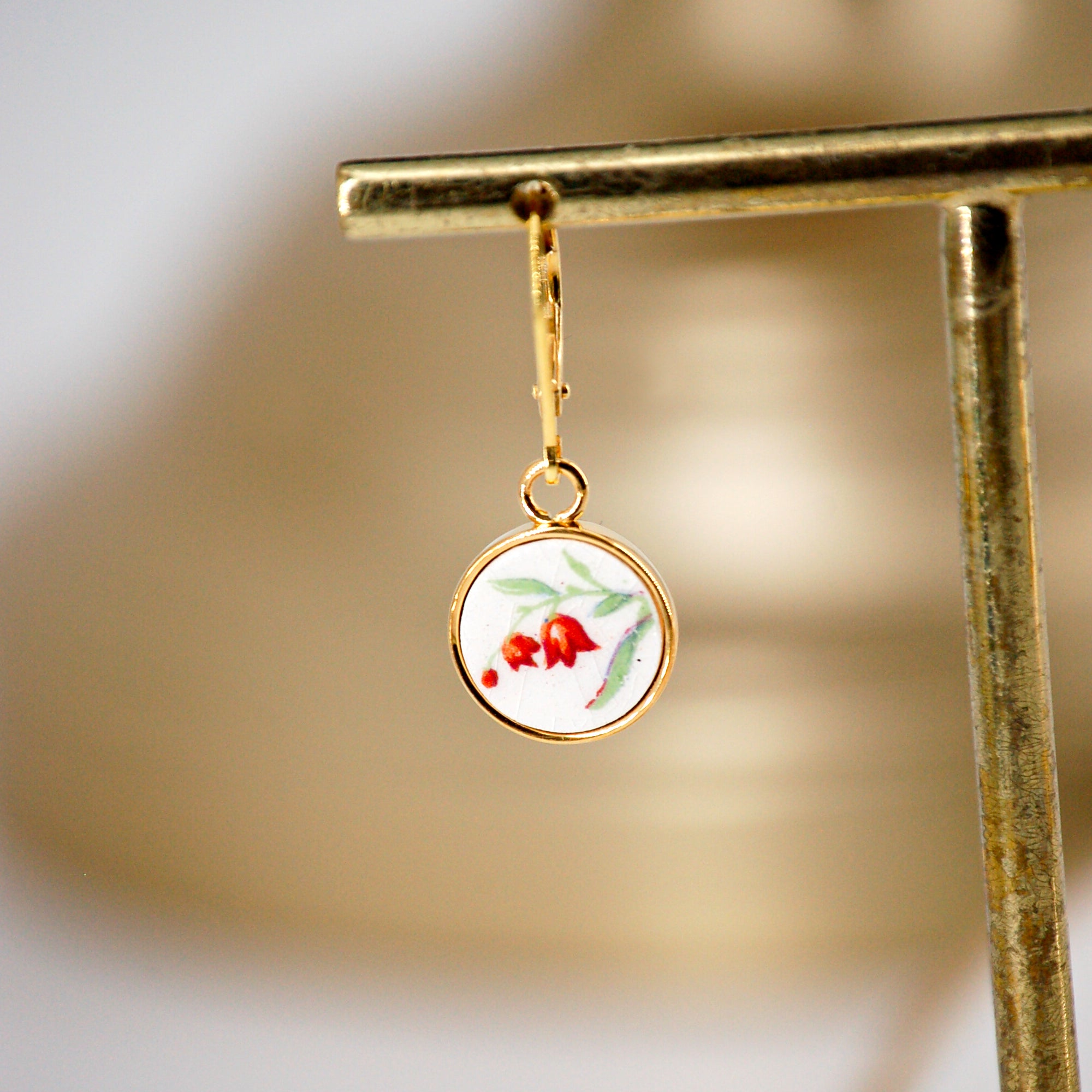 "Blue Flower Buds" earrings, gold finish