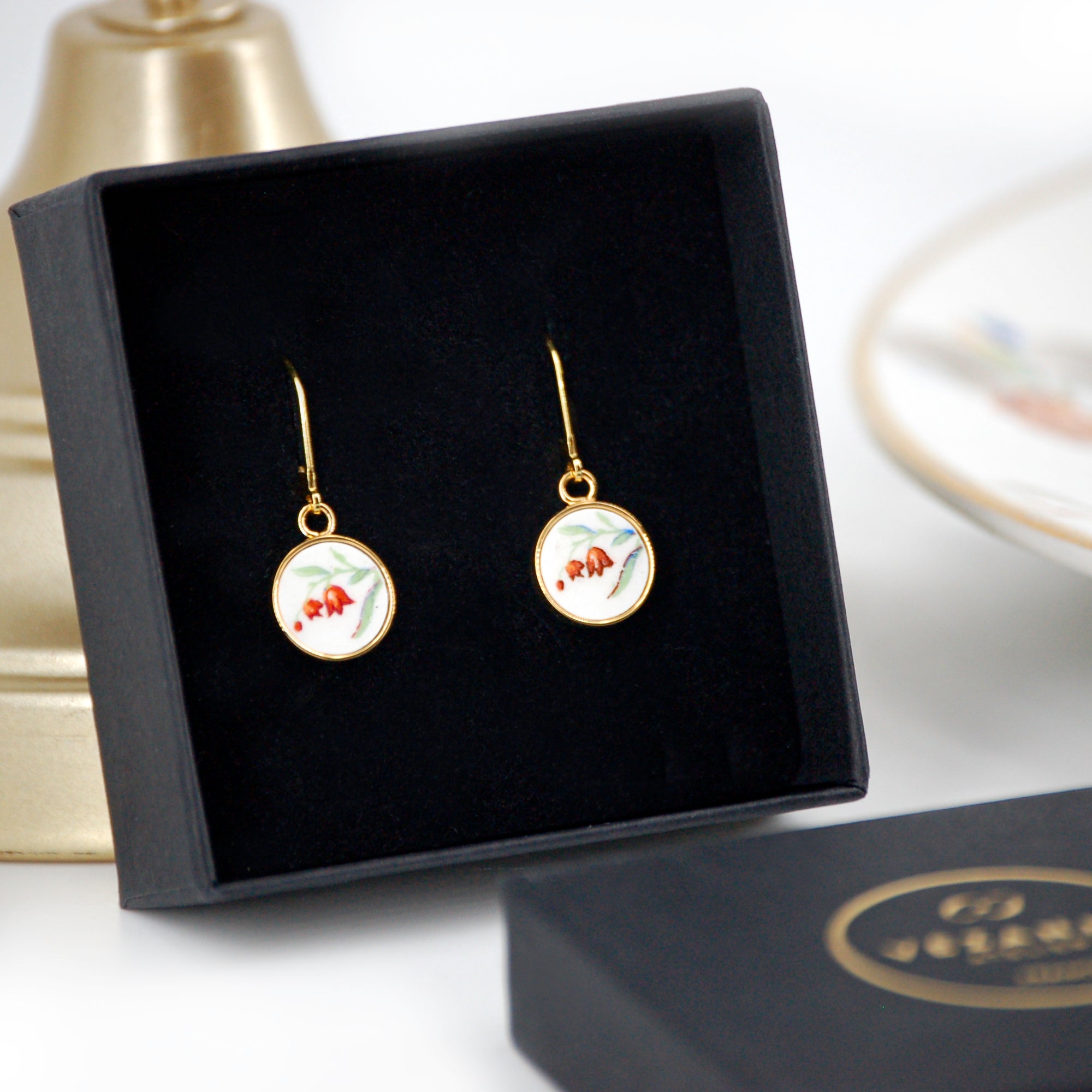 "Blue Flower Buds" earrings, gold finish