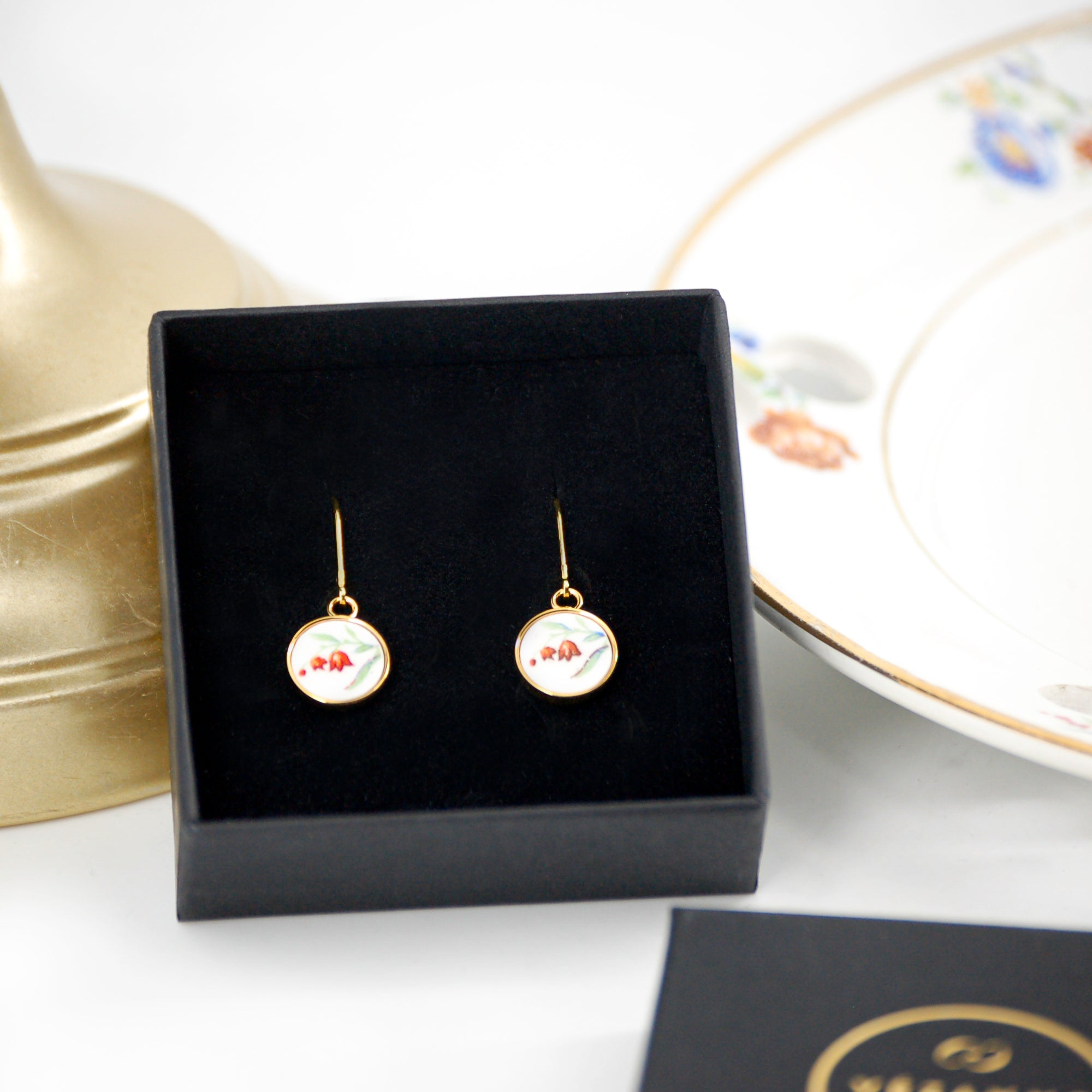 "Blue Flower Buds" earrings, gold finish