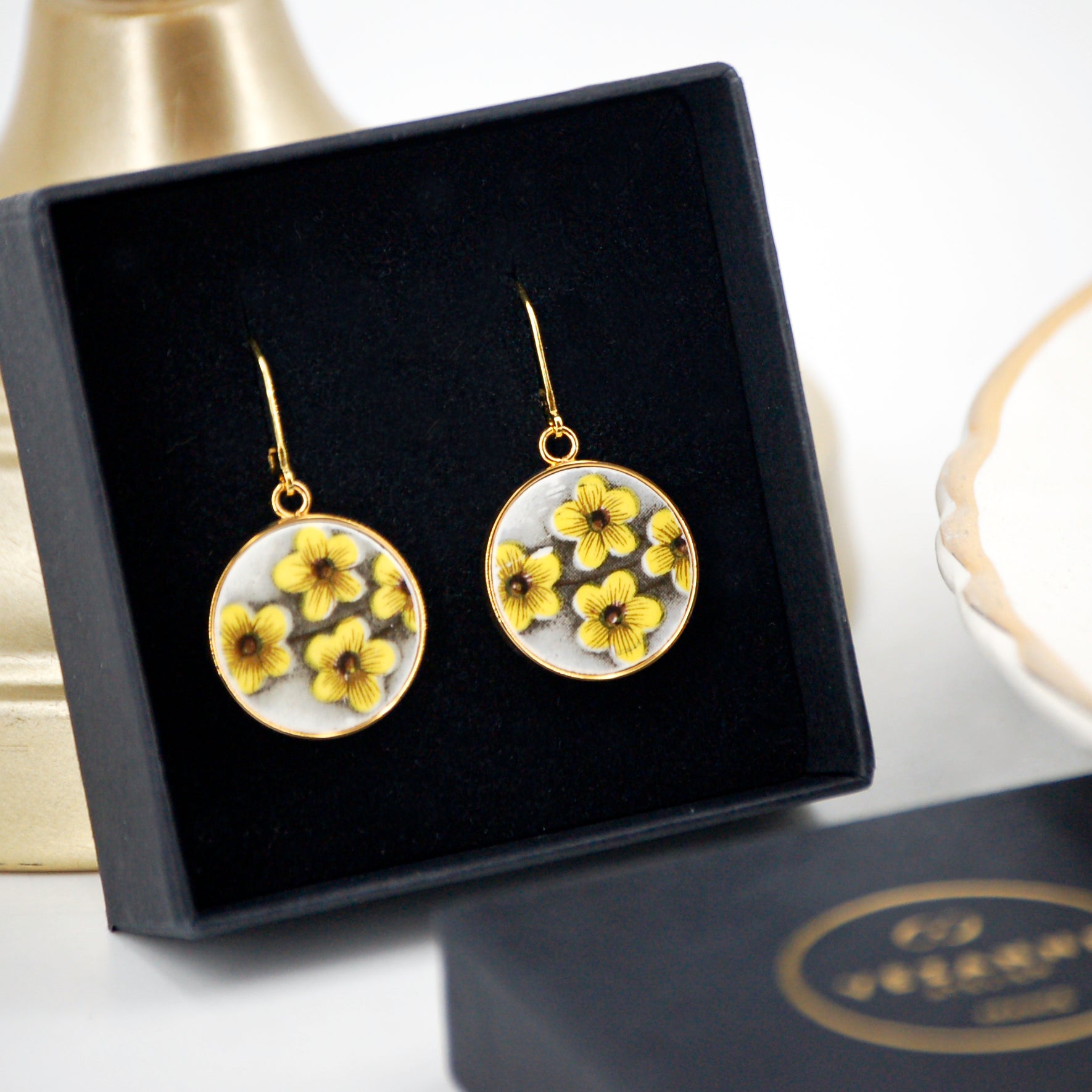"Small Bouquet of Yellow Flowers" Earrings, Gold Finish