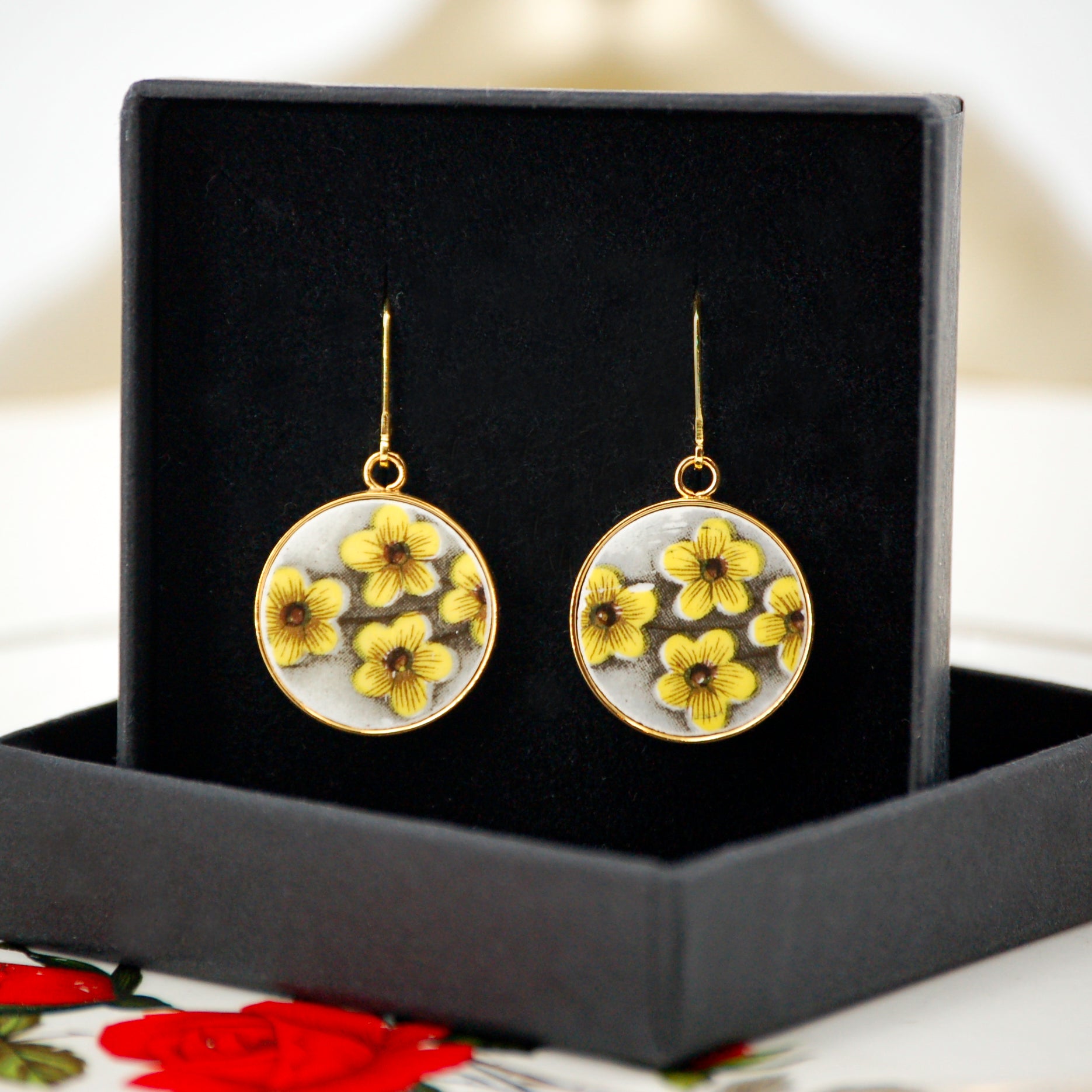 "Small Bouquet of Yellow Flowers" Earrings, Gold Finish