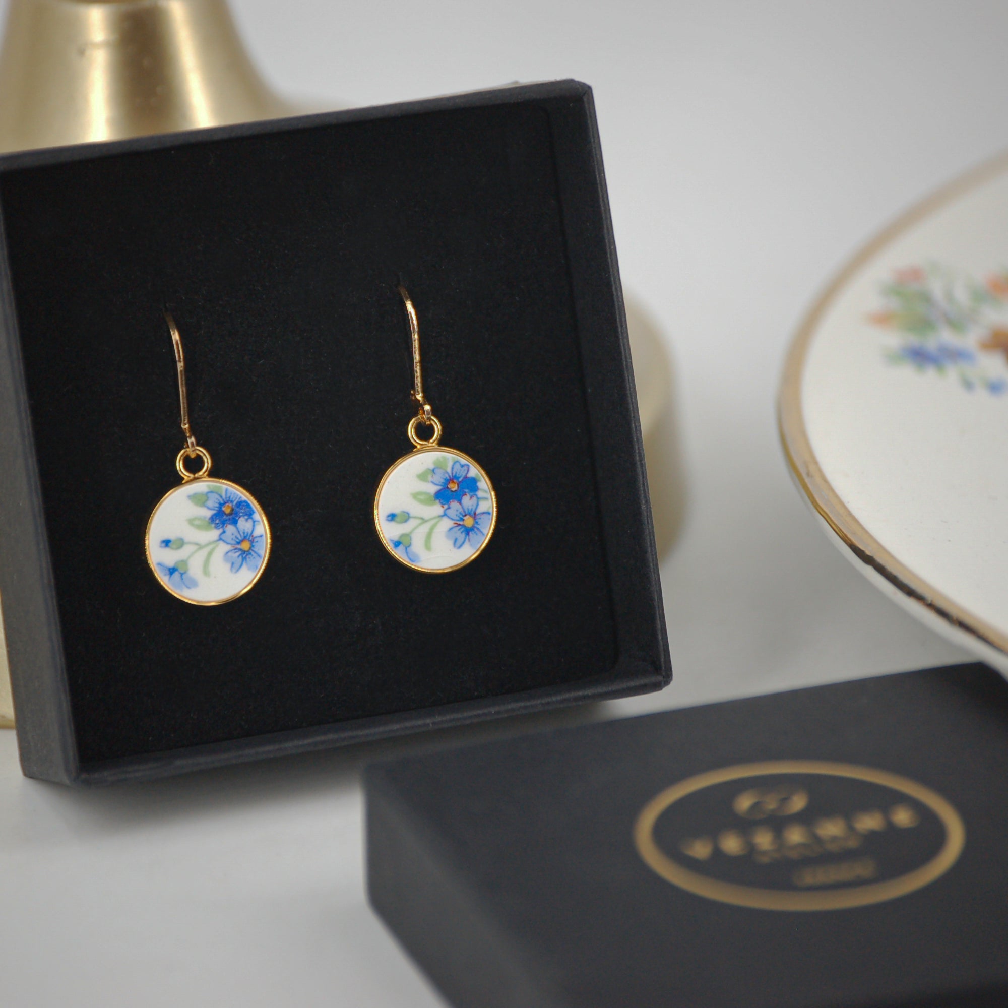 "Small blue flowers" earrings, gold finish