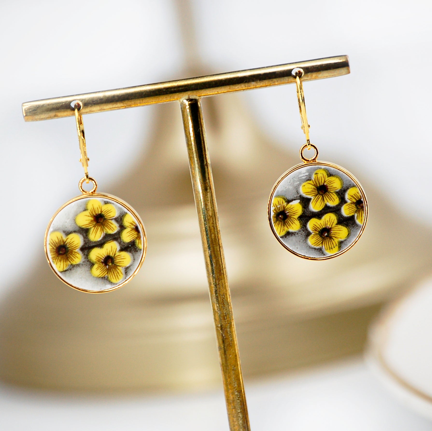 "Small Bouquet of Yellow Flowers" Earrings, Gold Finish
