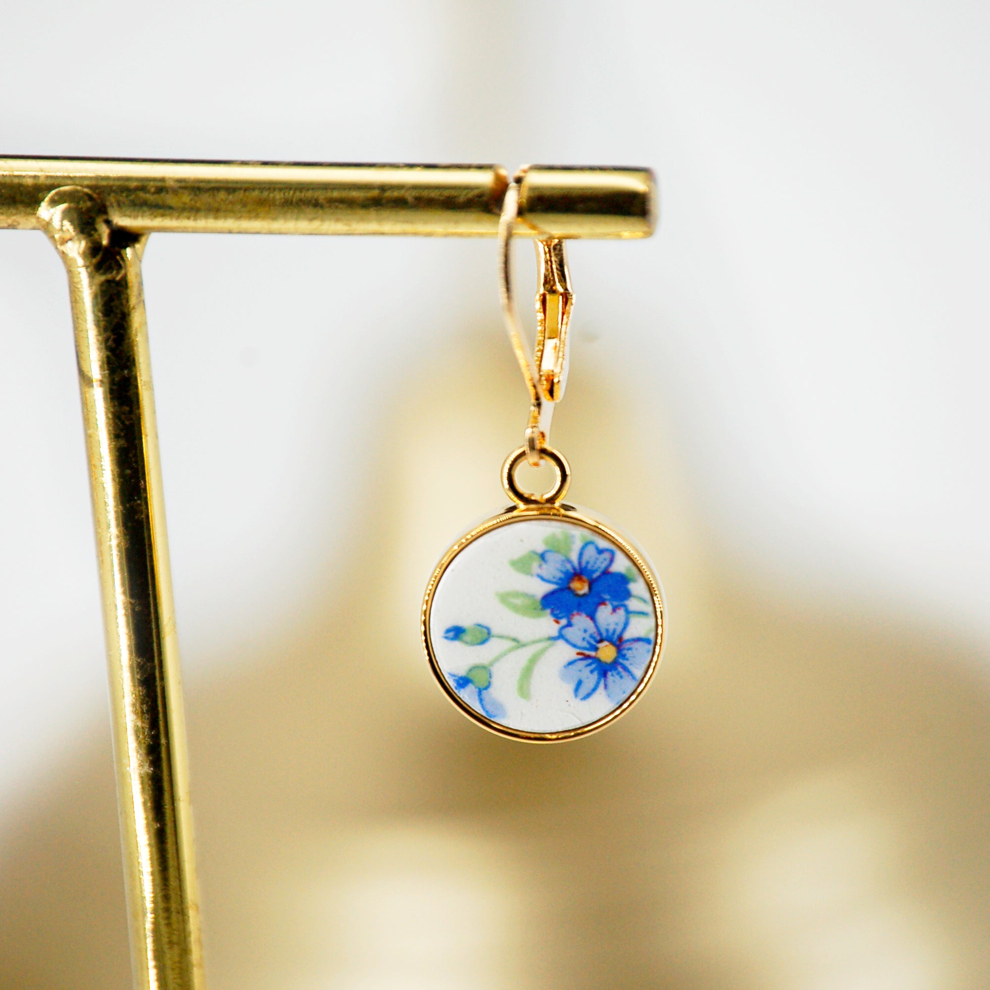 "Small blue flowers" earrings, gold finish