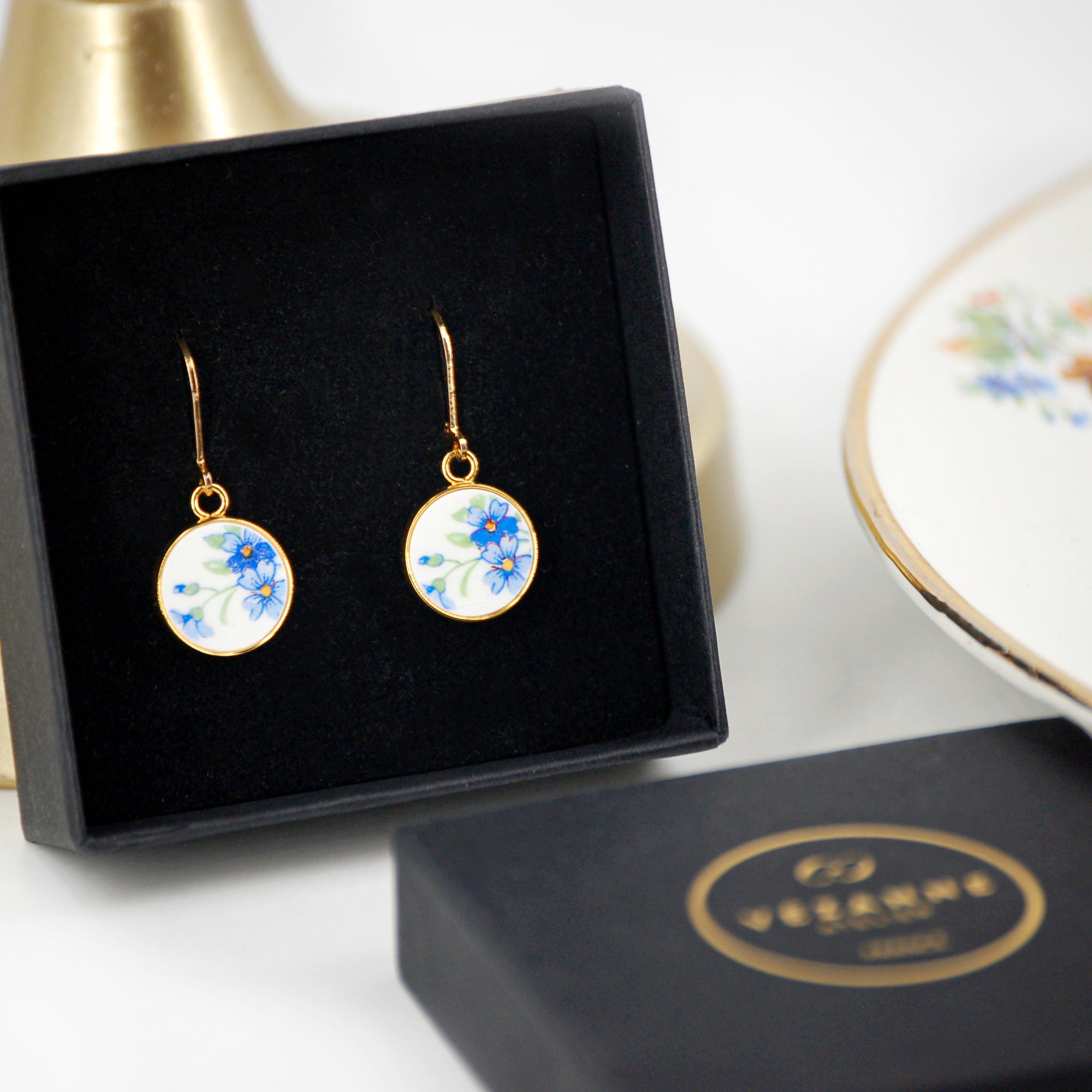 "Small blue flowers" earrings, gold finish