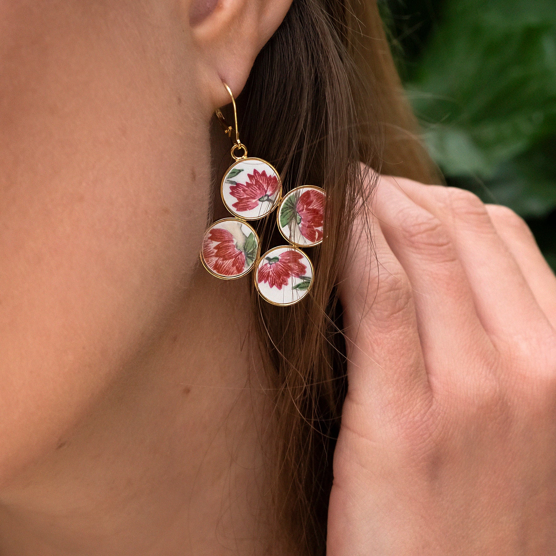 "Blue Flowers" earrings, gold finish