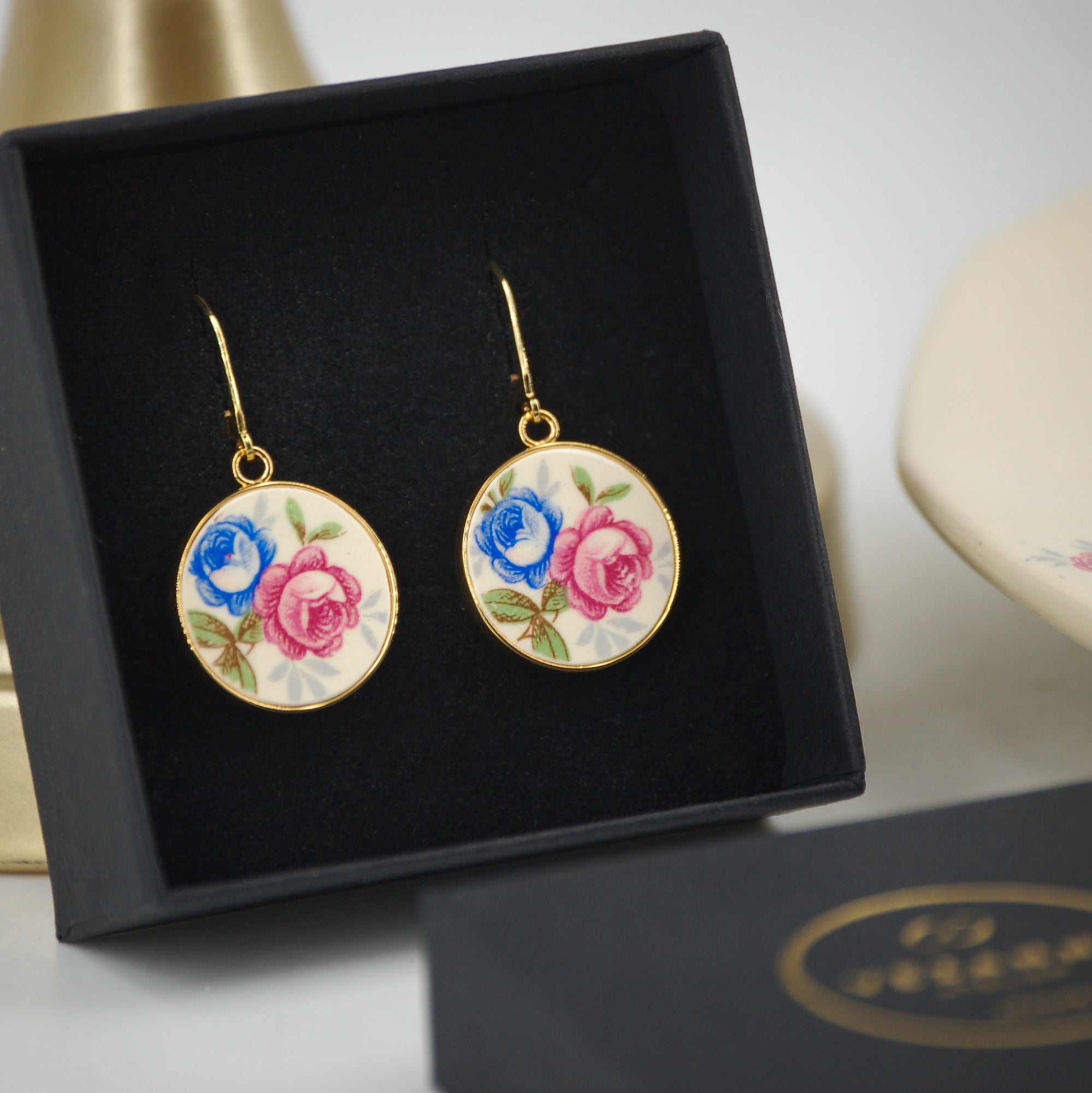 "Blue and pink flowers" earrings, gold finish