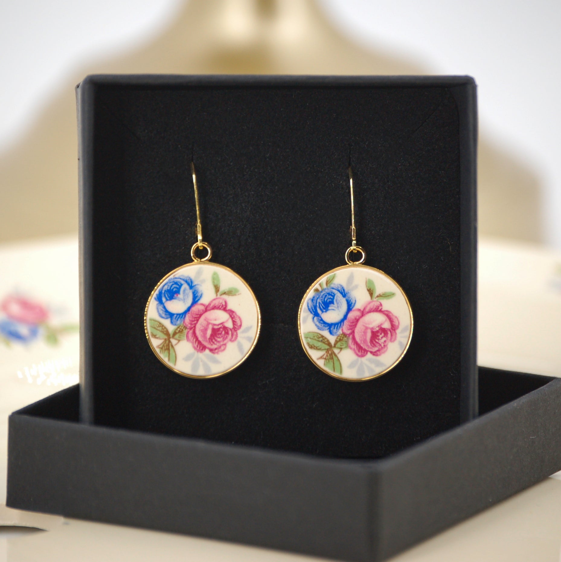 "Blue and pink flowers" earrings, gold finish