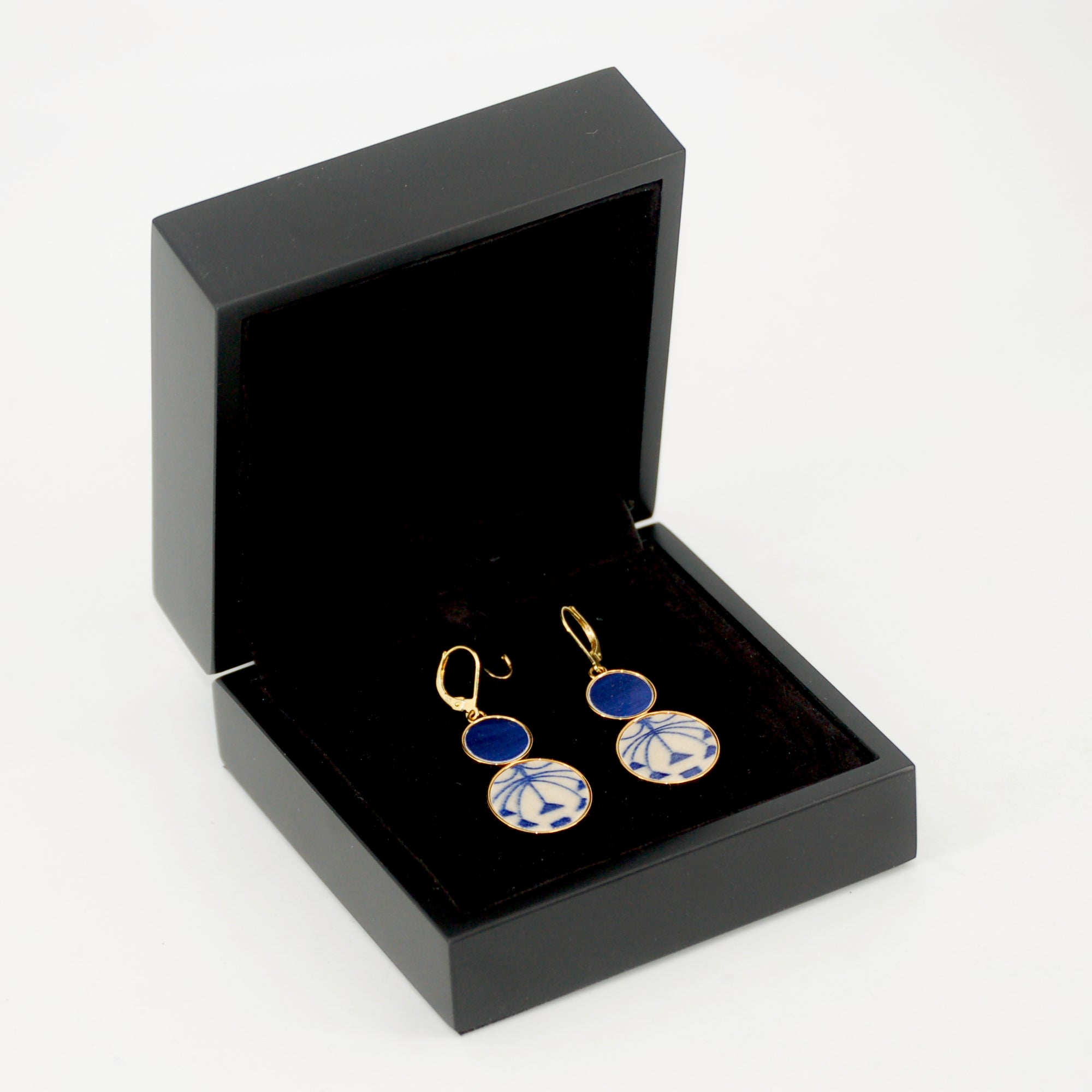 "Blue Hibiscus Flower" earrings, gold finish