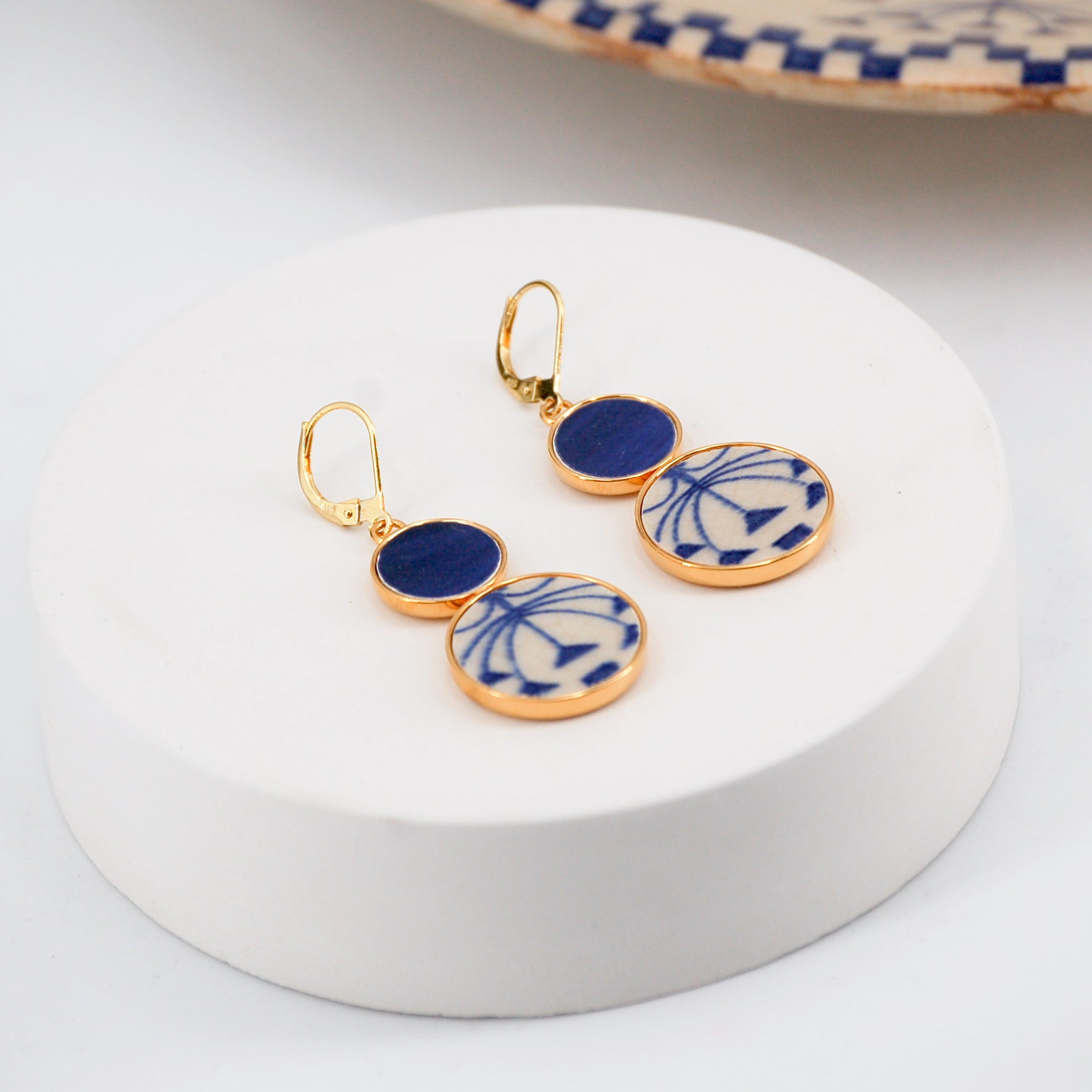 "Blue Hibiscus Flower" earrings, gold finish
