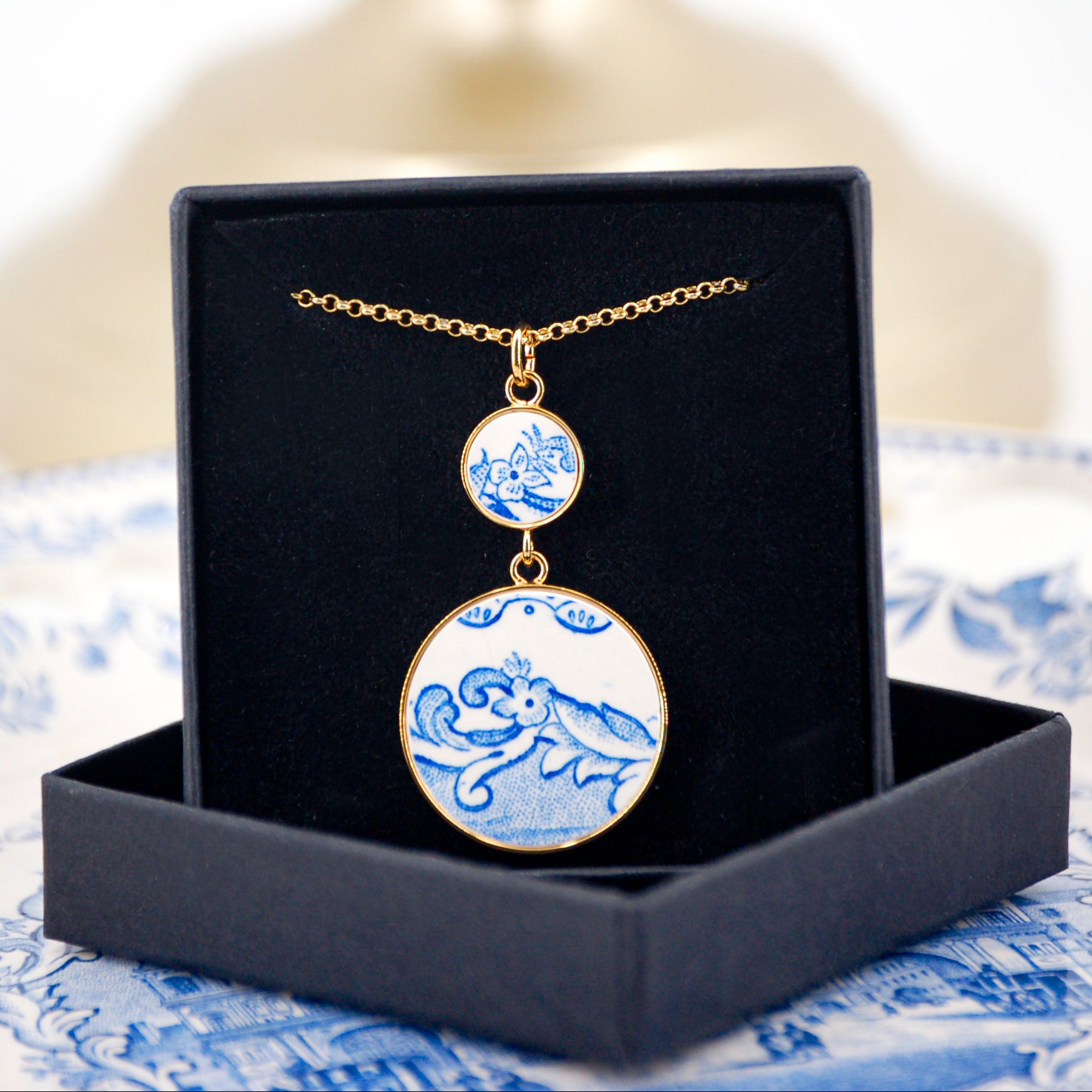 "Blue Flowers and Swirls" Pendant, gold finish