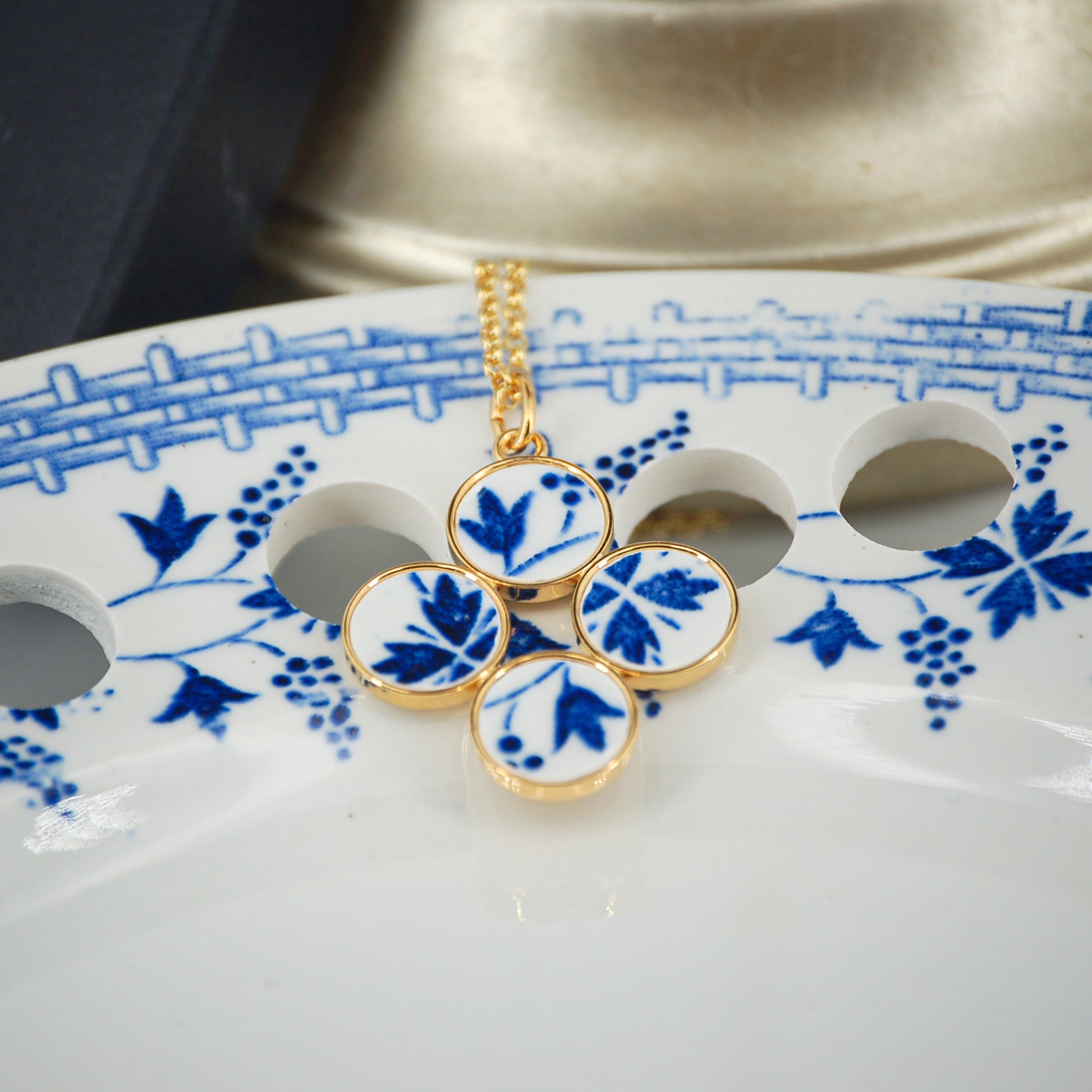 "Blue Flower and Grapes" Pendant, Gold Finish