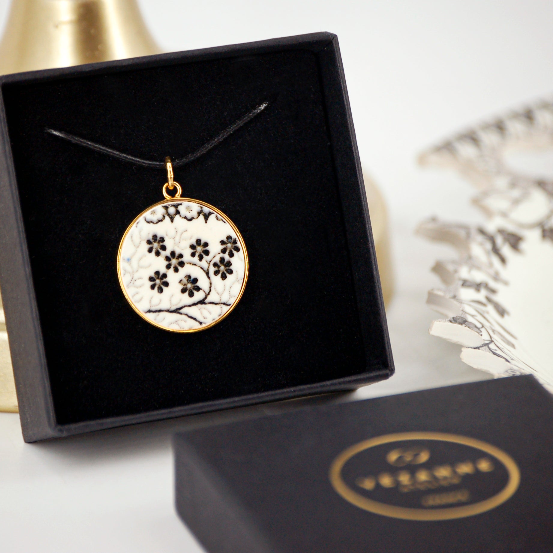 "Little Flowers in Black and White" Pendant, Gold Finish