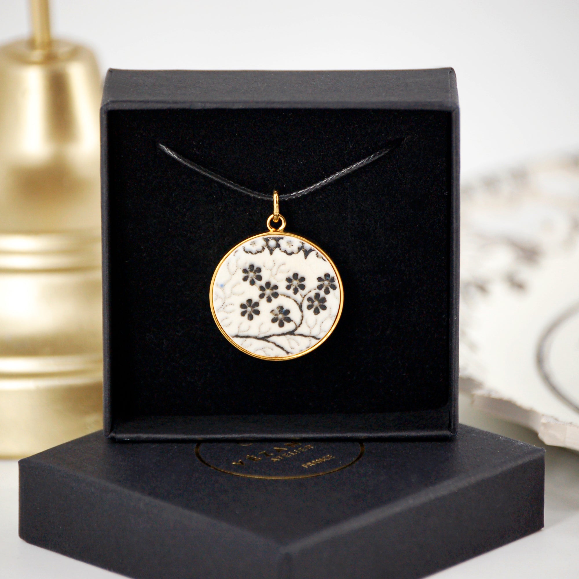 "Little Flowers in Black and White" Pendant, Gold Finish