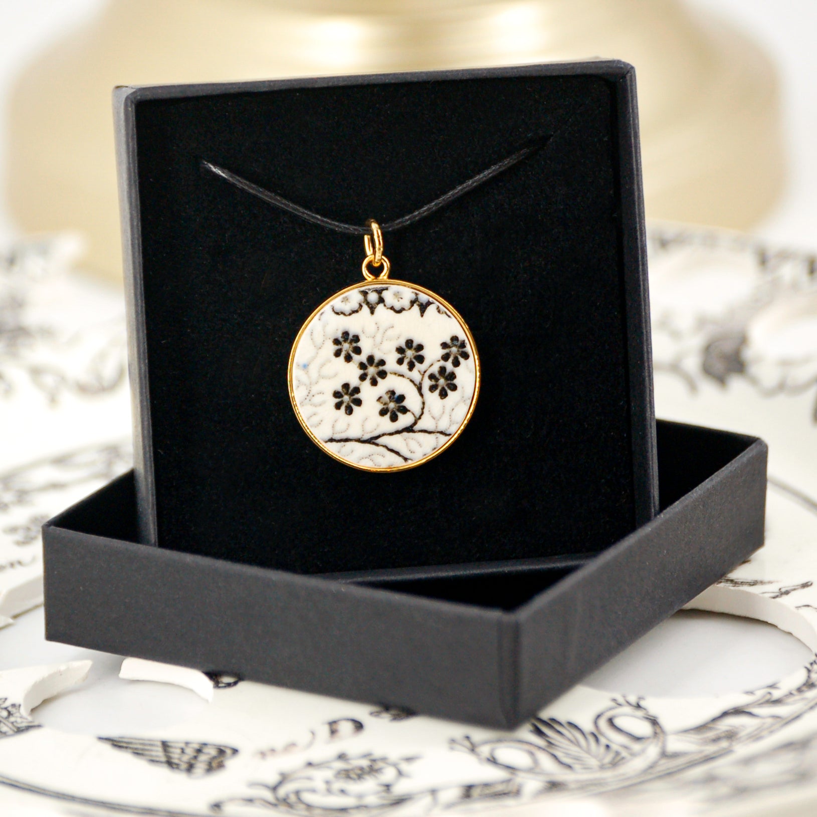 "Little Flowers in Black and White" Pendant, Gold Finish