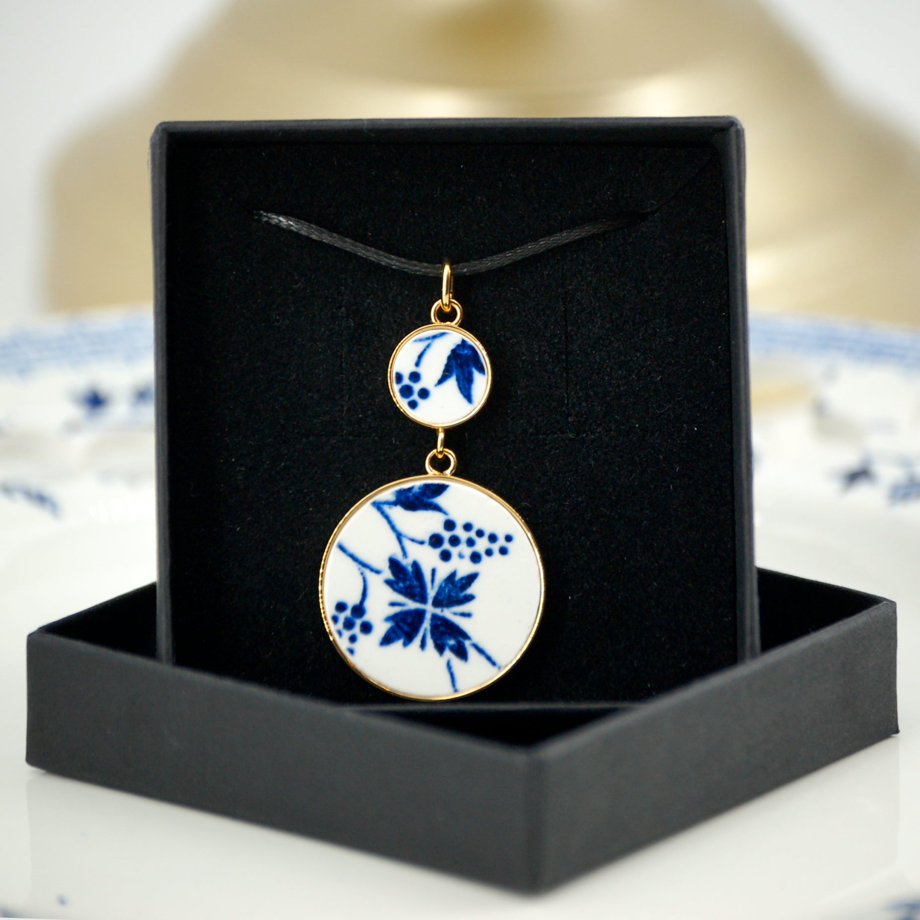 "Blue Flower and Grapes" Pendant, Gold Finish