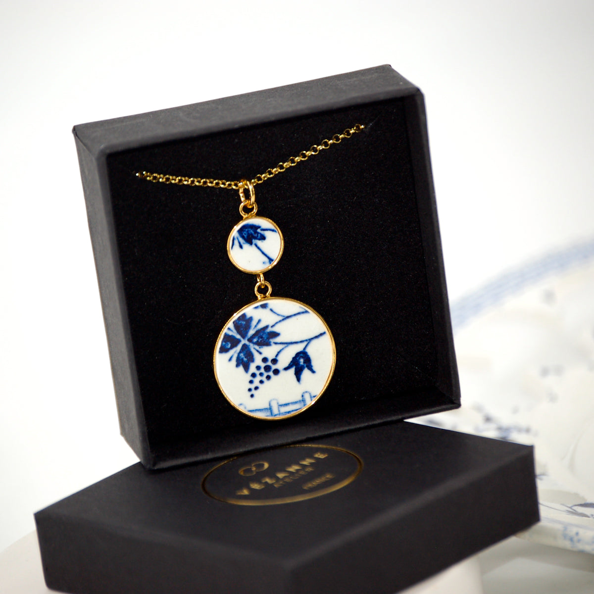 "Blue Flower and Grapes" Pendant, Gold Finish