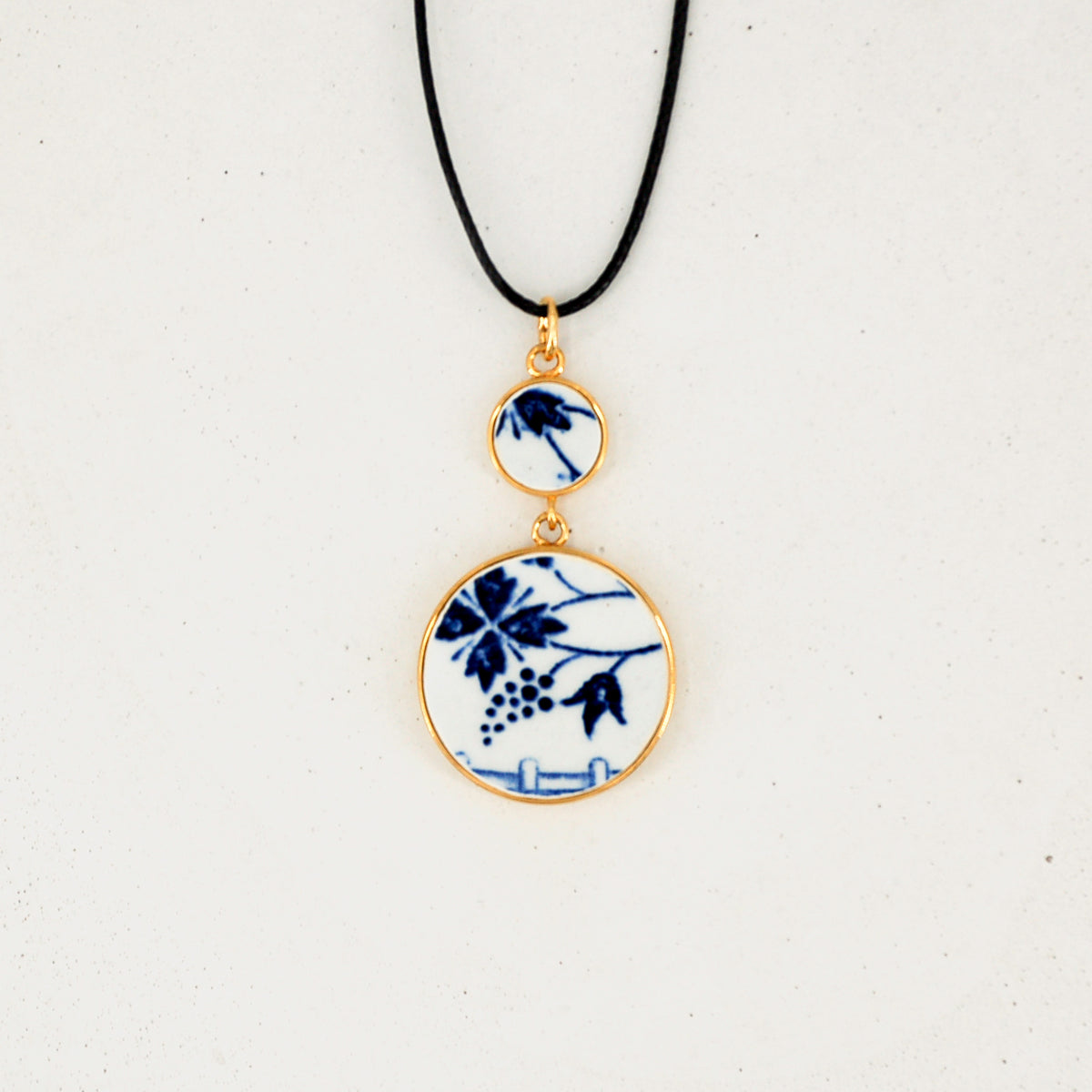 "Blue Flower and Grapes" Pendant, Gold Finish