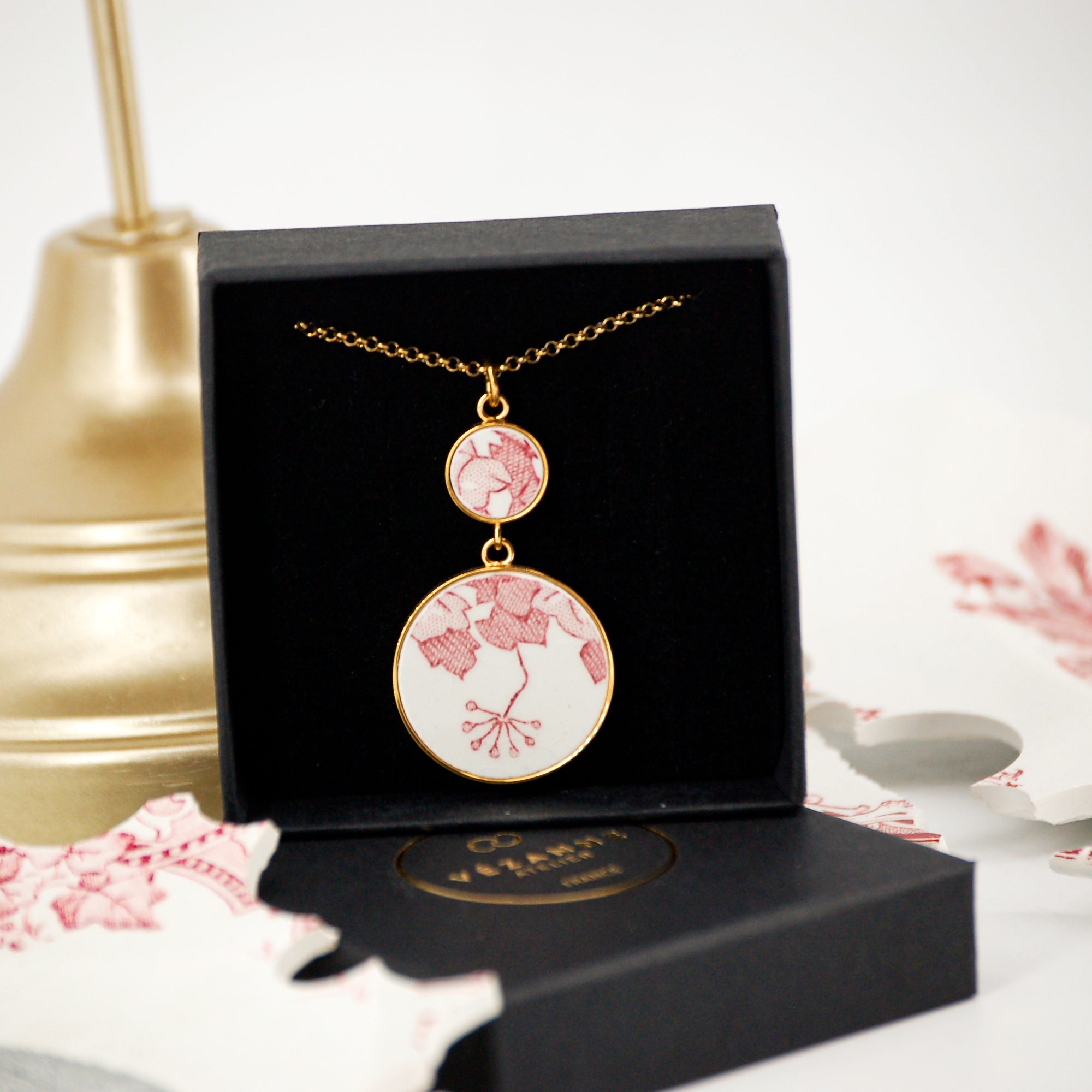"Pink Flower and Foliage" Pendant, Gold Finish