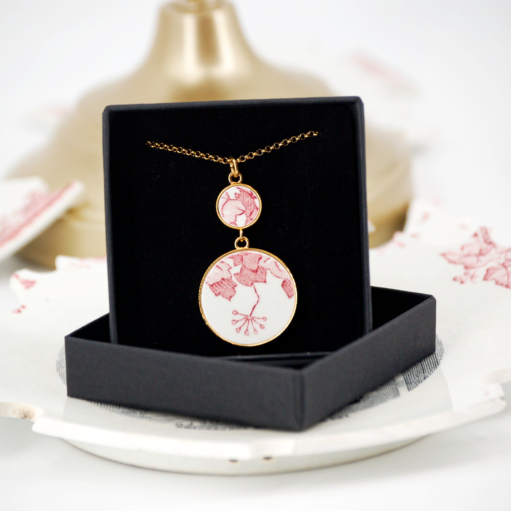 "Pink Flower and Foliage" Pendant, Gold Finish