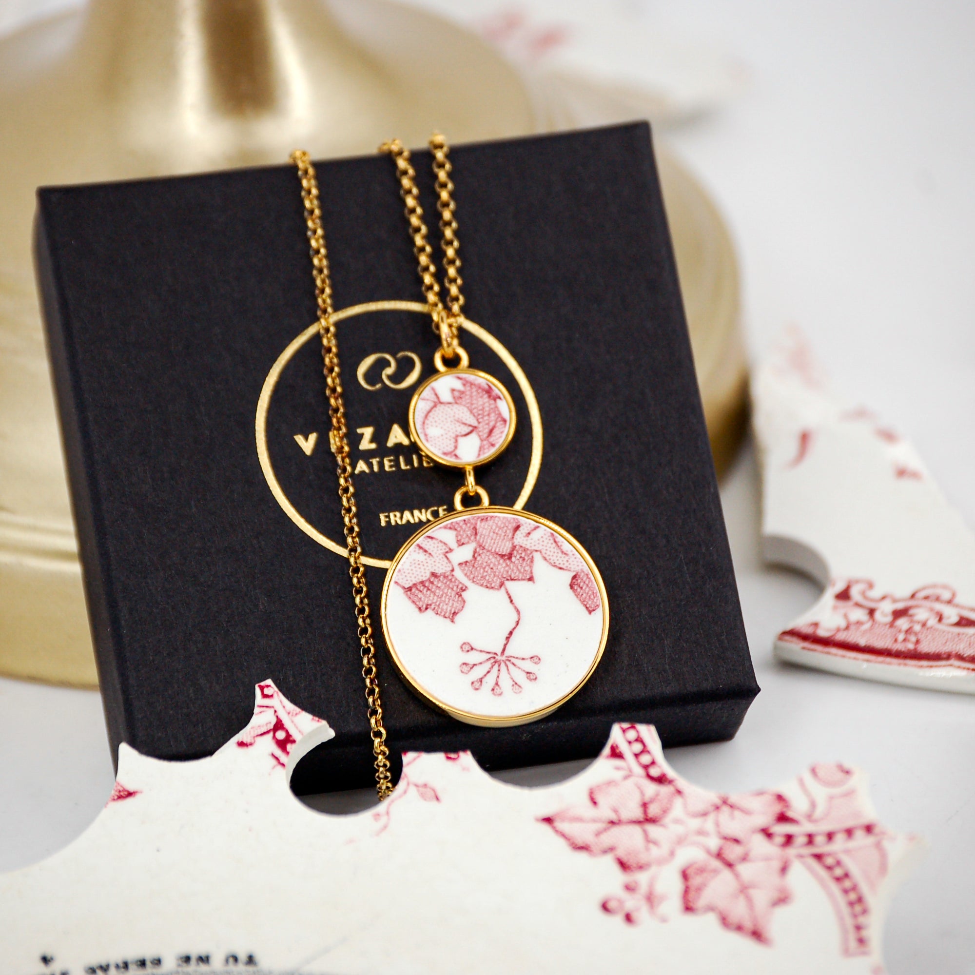 "Pink Flower and Foliage" Pendant, Gold Finish