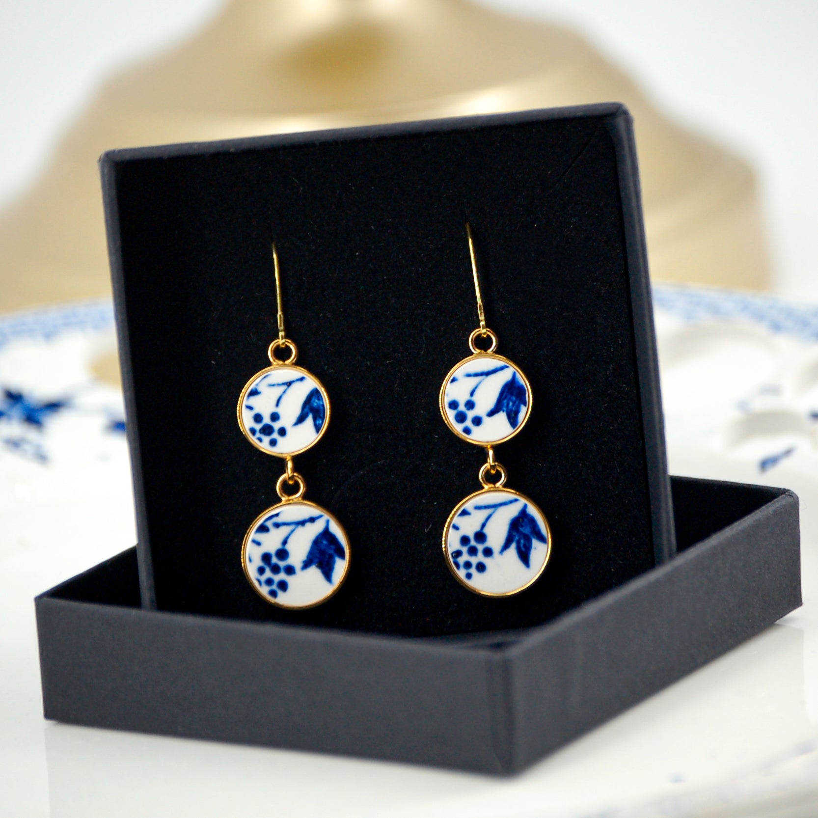 "Blue flower" earrings, gold finish