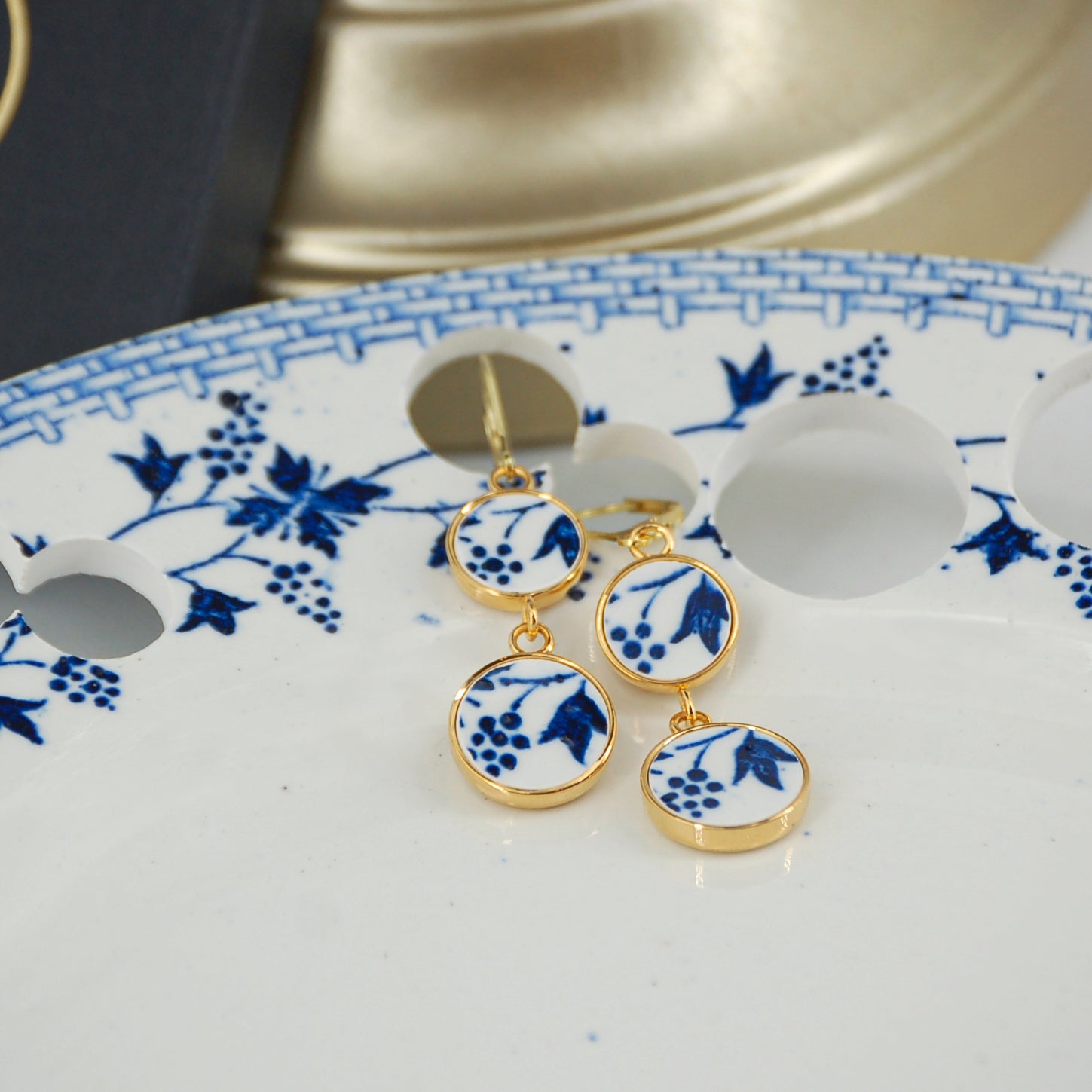 "Blue flower" earrings, gold finish