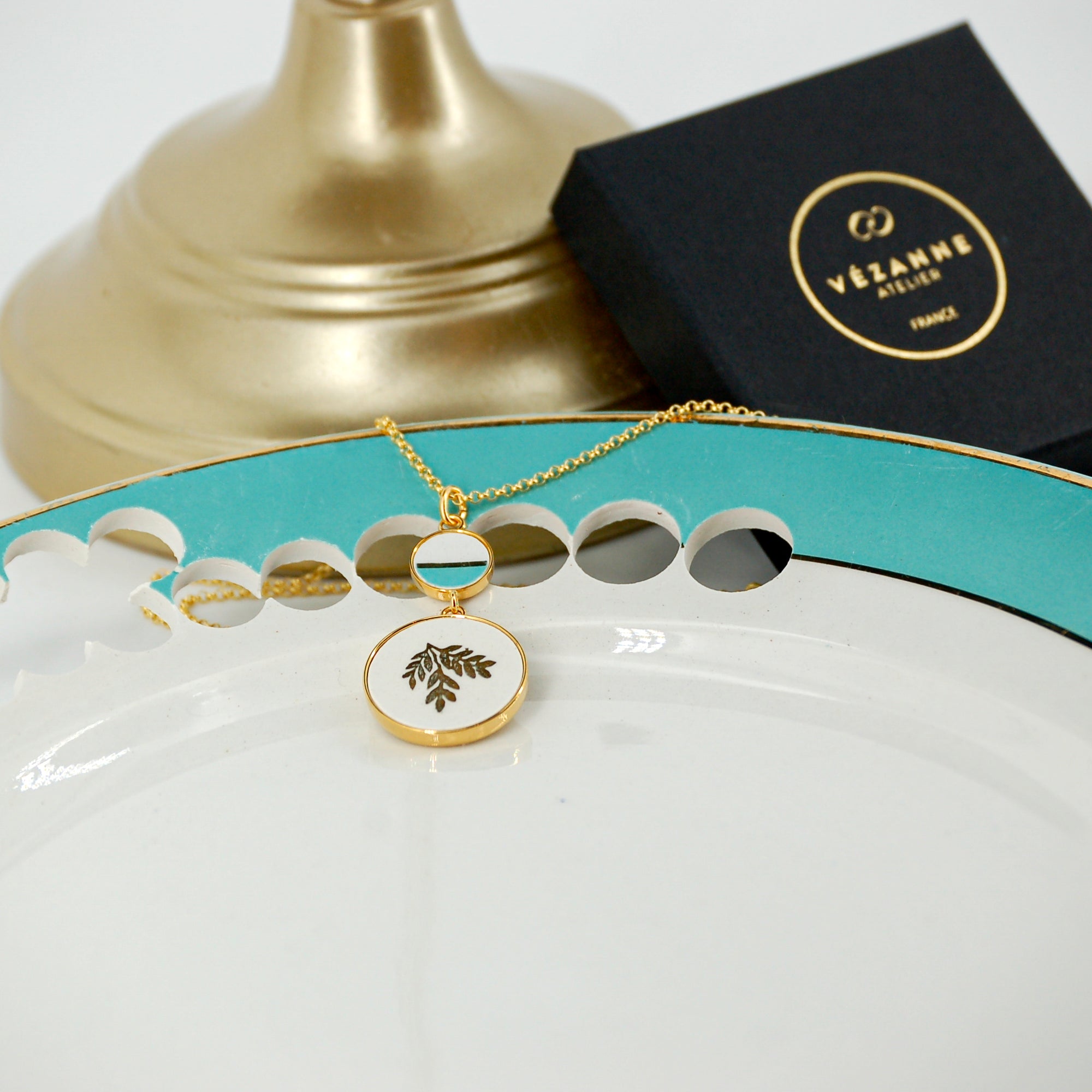 "Golden Leaves and Turquoise Enamel" Pendant, Gold Finish