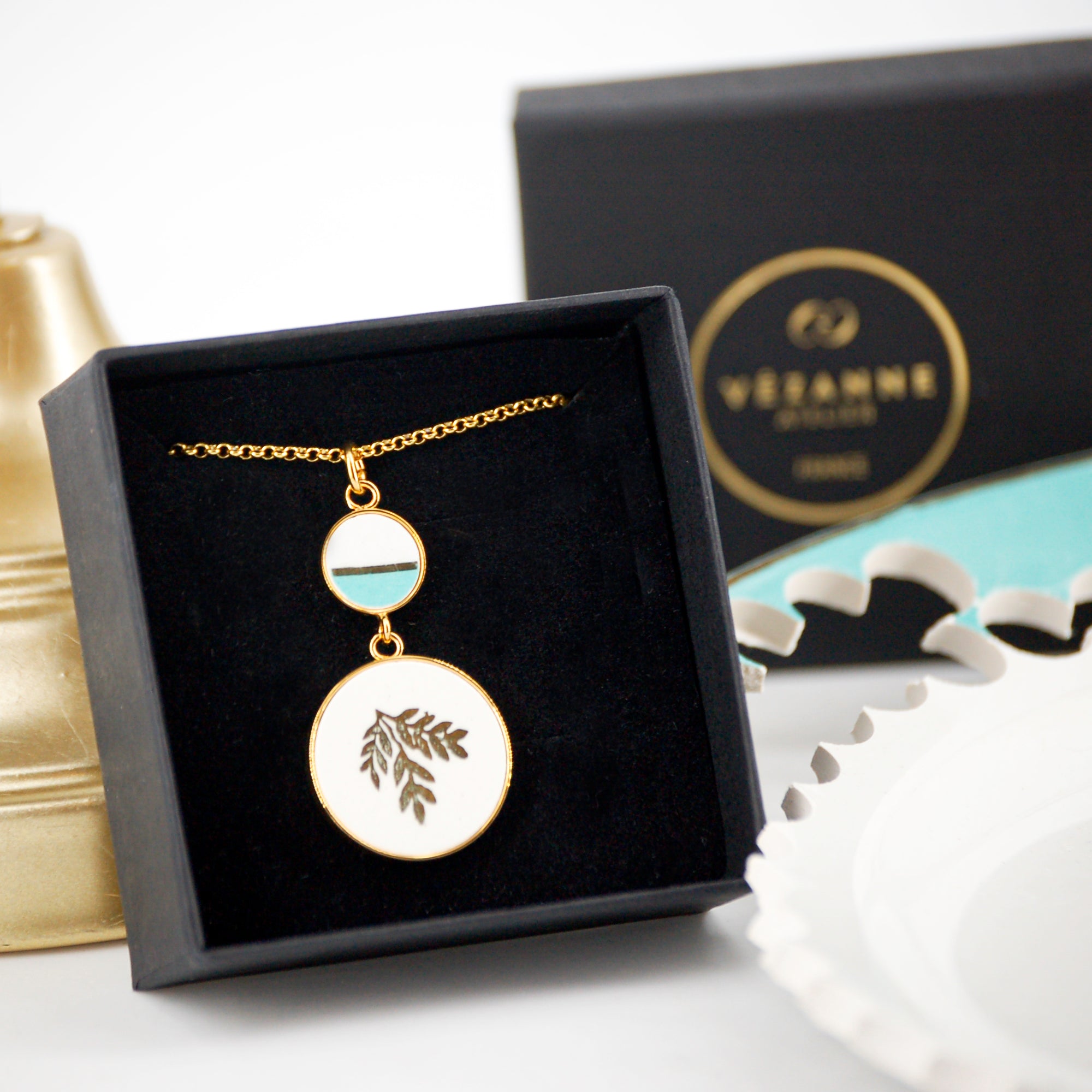 "Golden Leaves and Turquoise Enamel" Pendant, Gold Finish