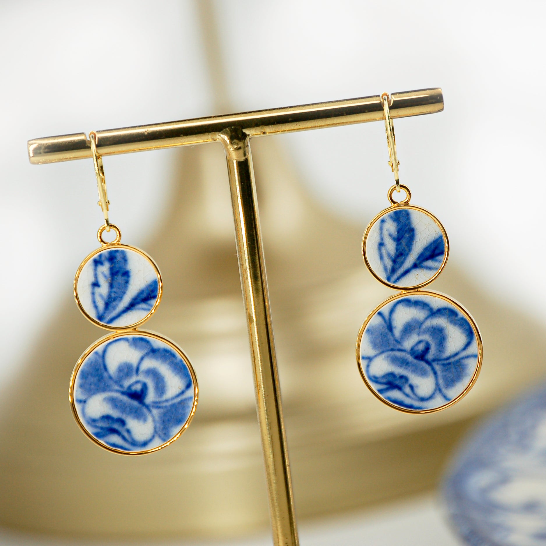 "Blue Hibiscus Flower" earrings, gold finish