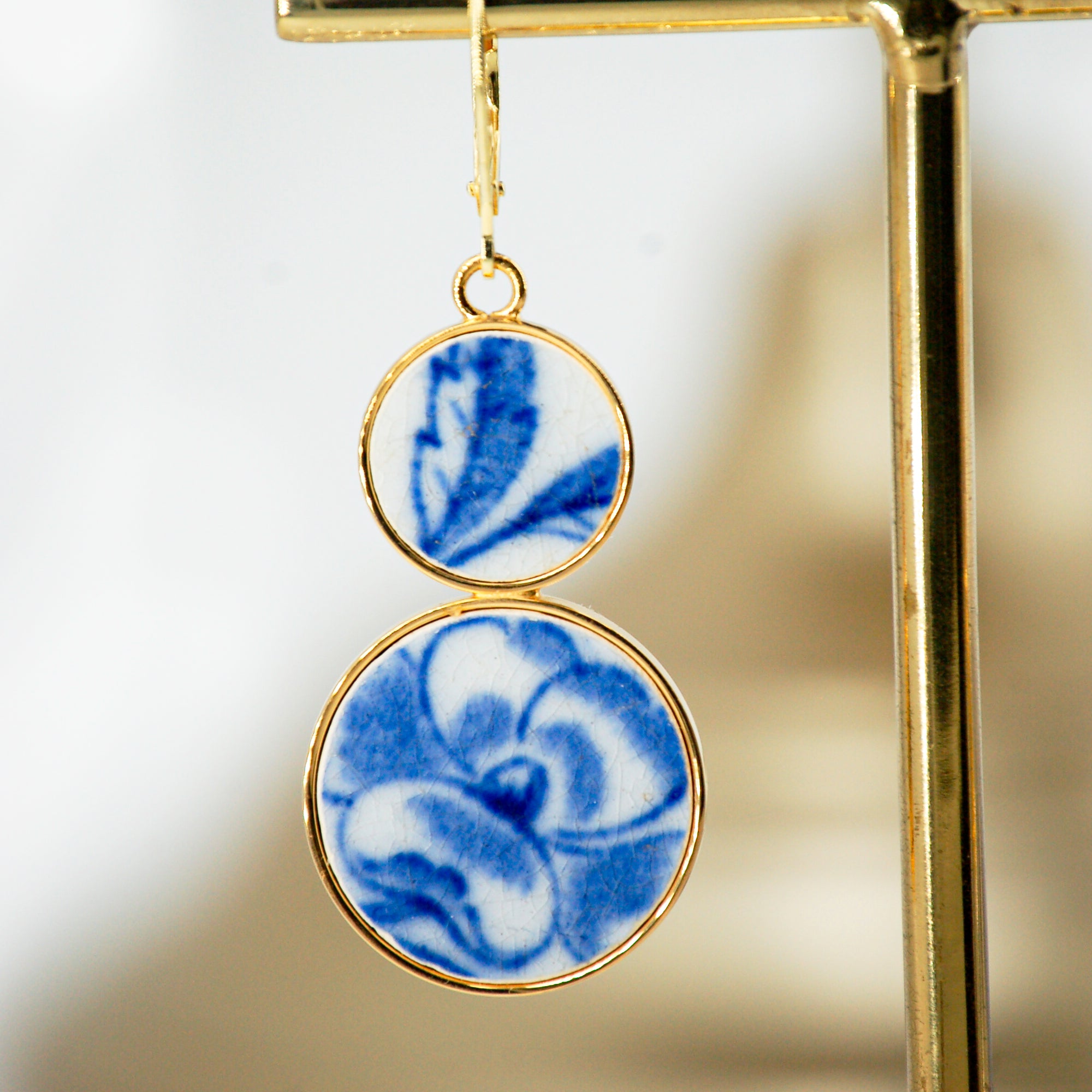 "Blue Hibiscus Flower" earrings, gold finish