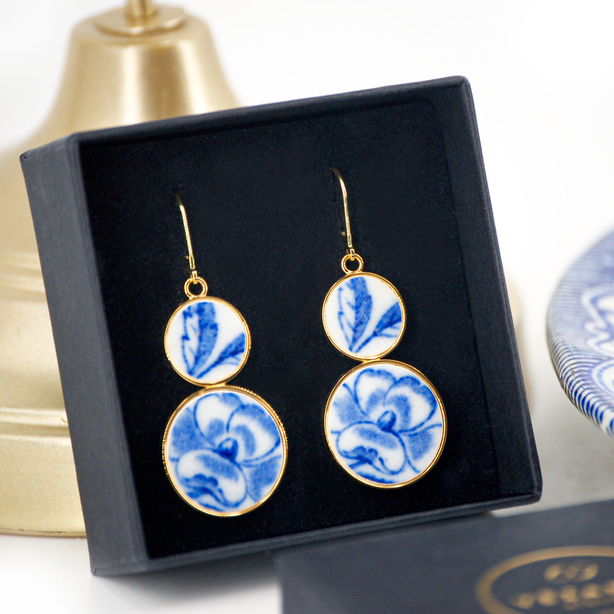 "Blue Hibiscus Flower" earrings, gold finish