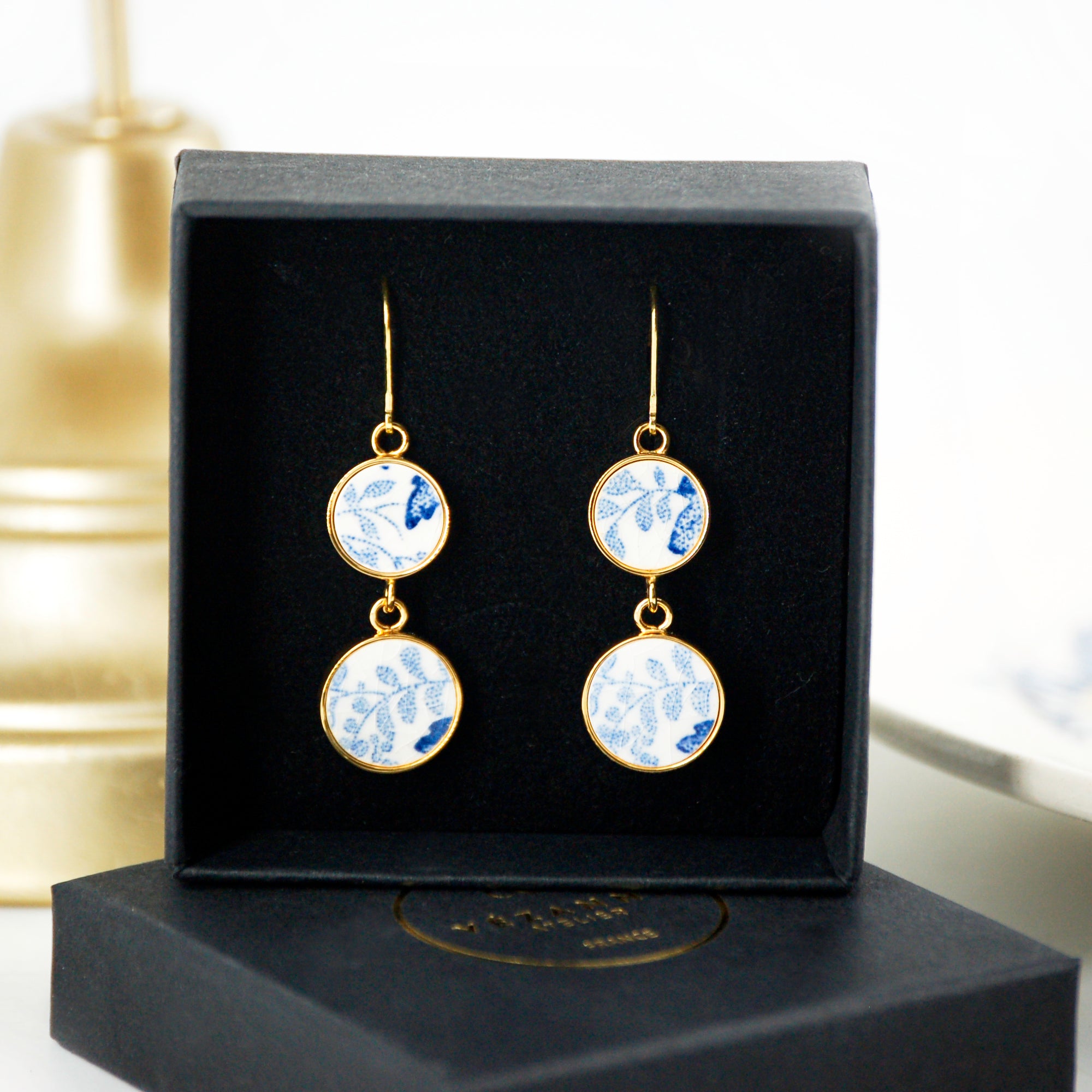 "Blue Foliage" earrings, gold finish