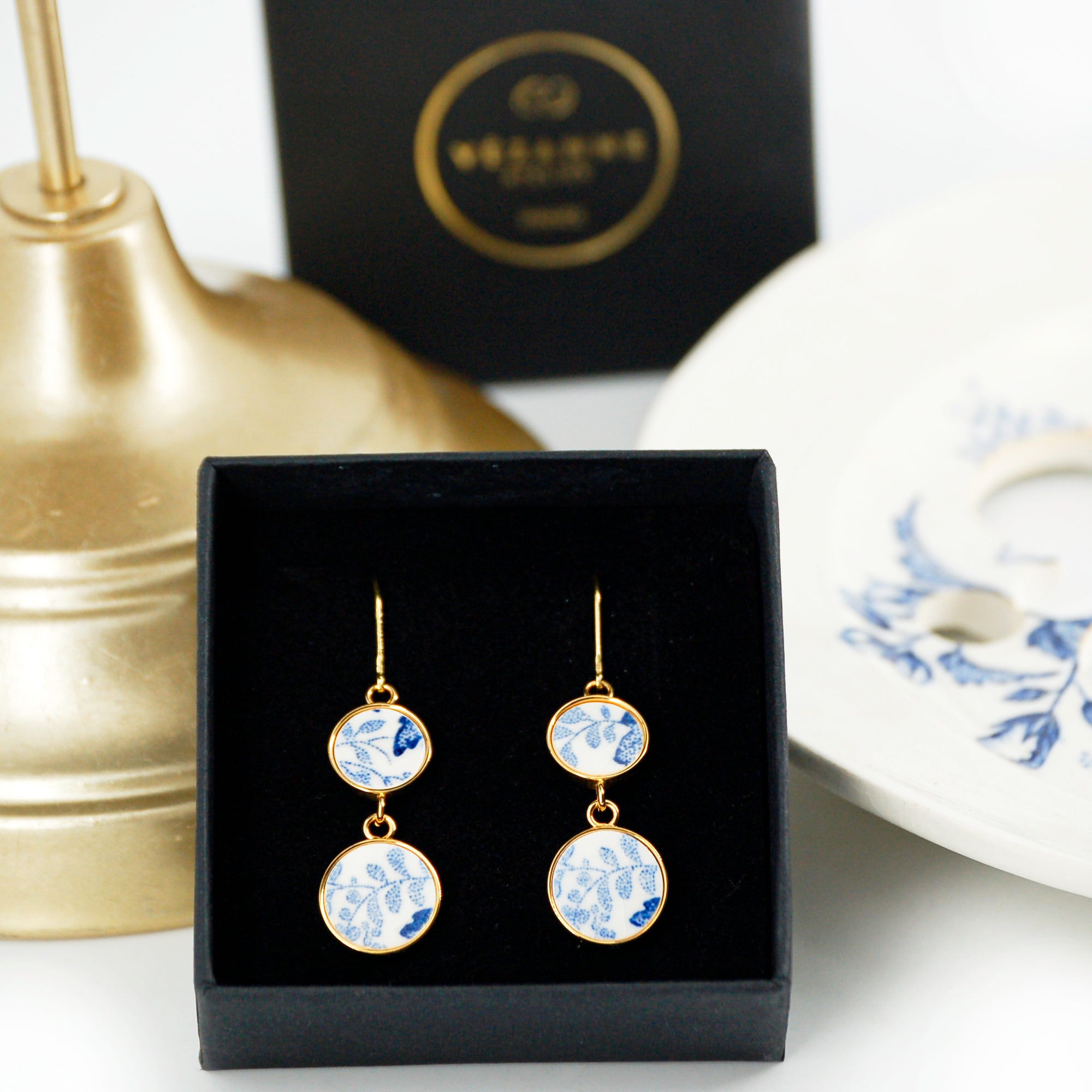 "Blue Foliage" earrings, gold finish