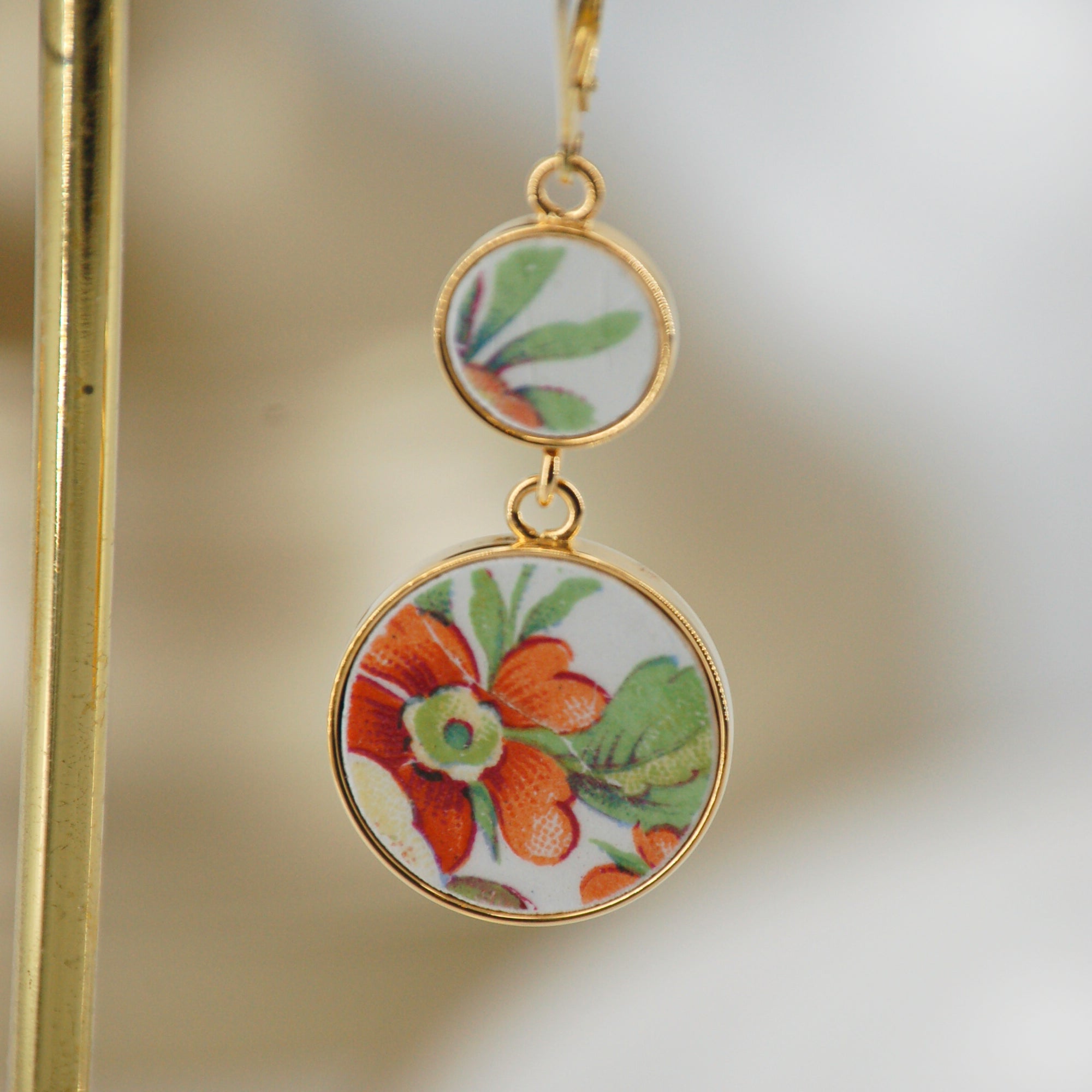 "Orange Flower and Foliage" Earrings, Gold Finish