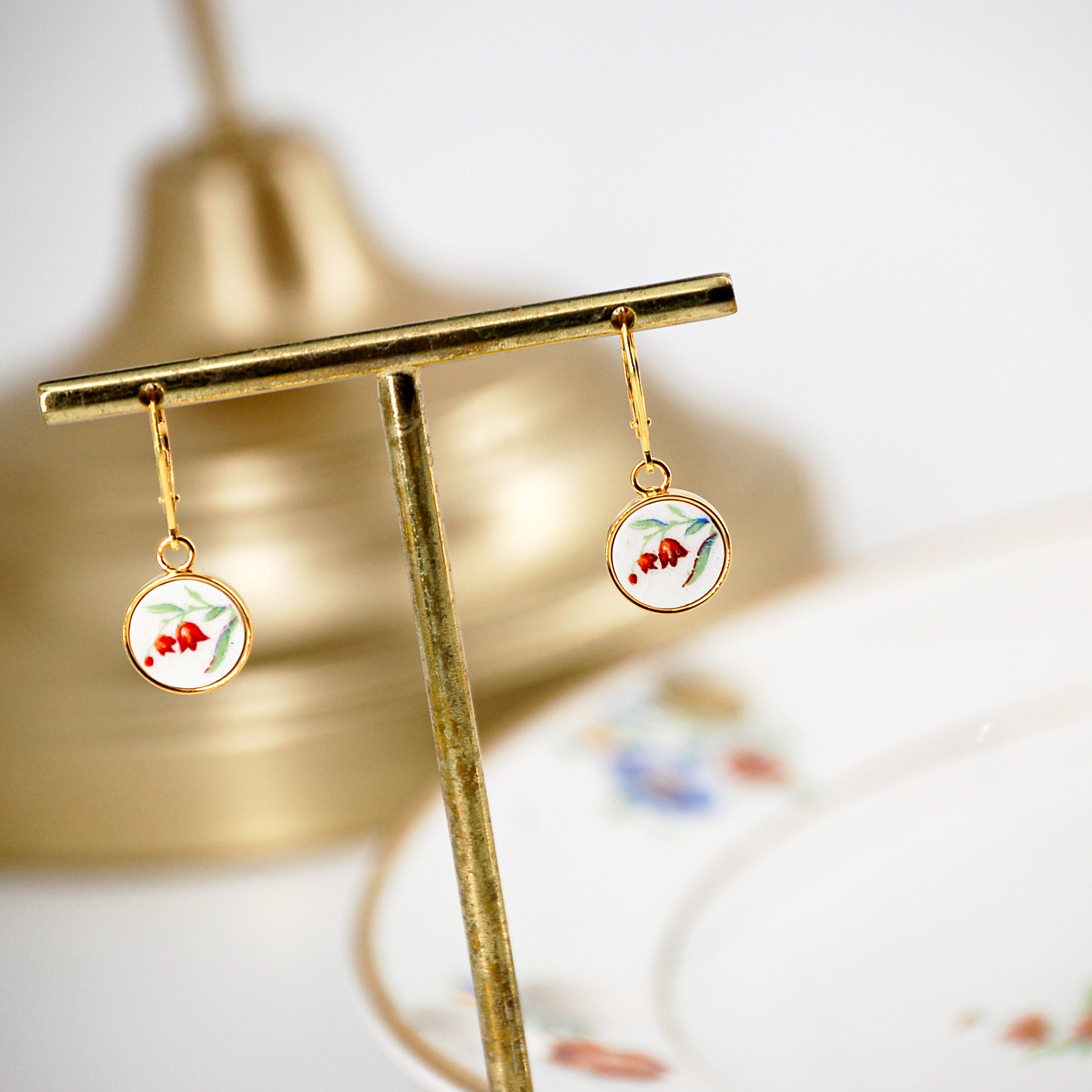 "Blue Flower Buds" earrings, gold finish