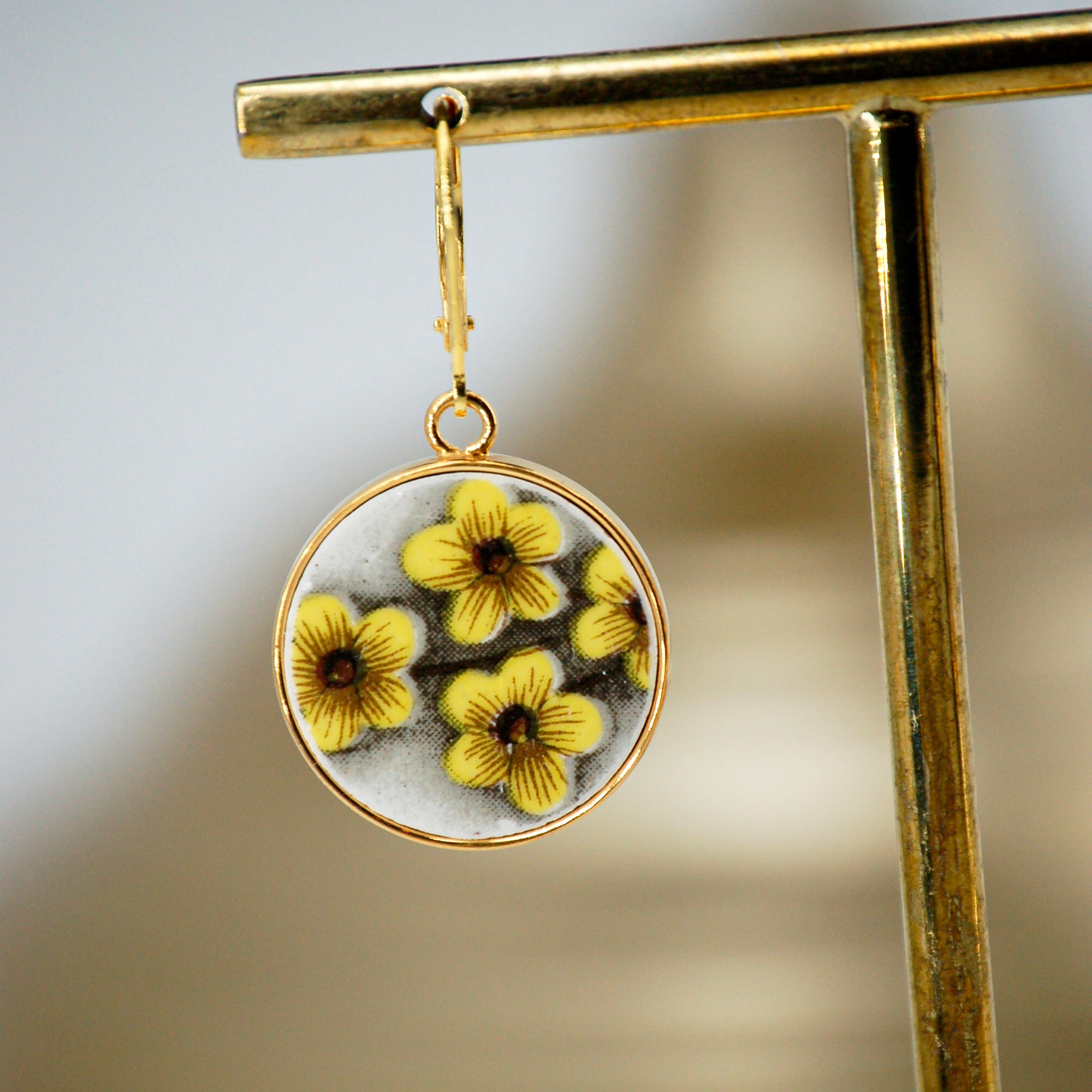 "Small Bouquet of Yellow Flowers" Earrings, Gold Finish