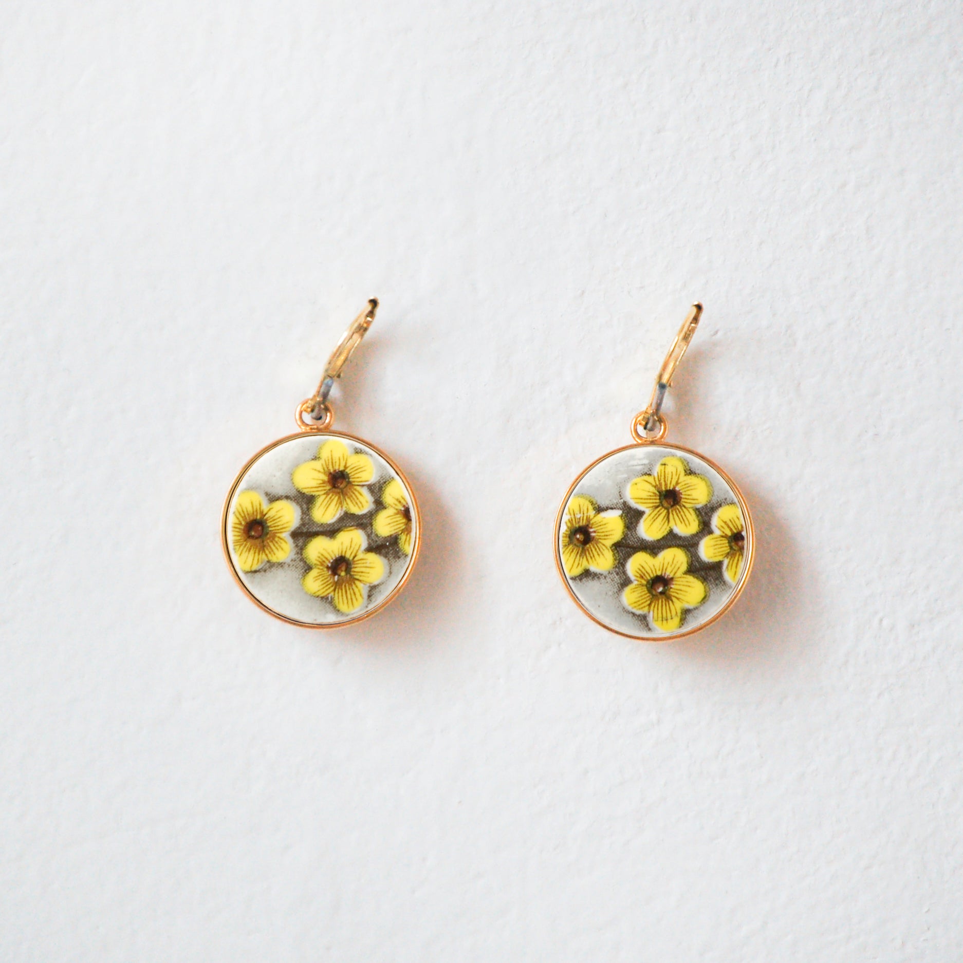 "Small Bouquet of Yellow Flowers" Earrings, Gold Finish