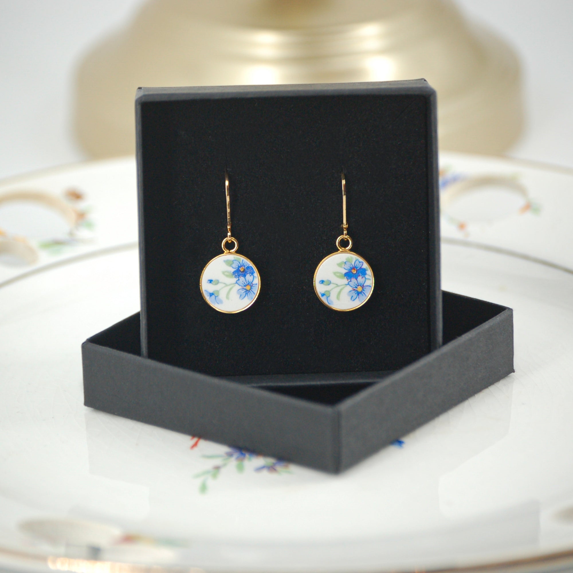 "Small blue flowers" earrings, gold finish