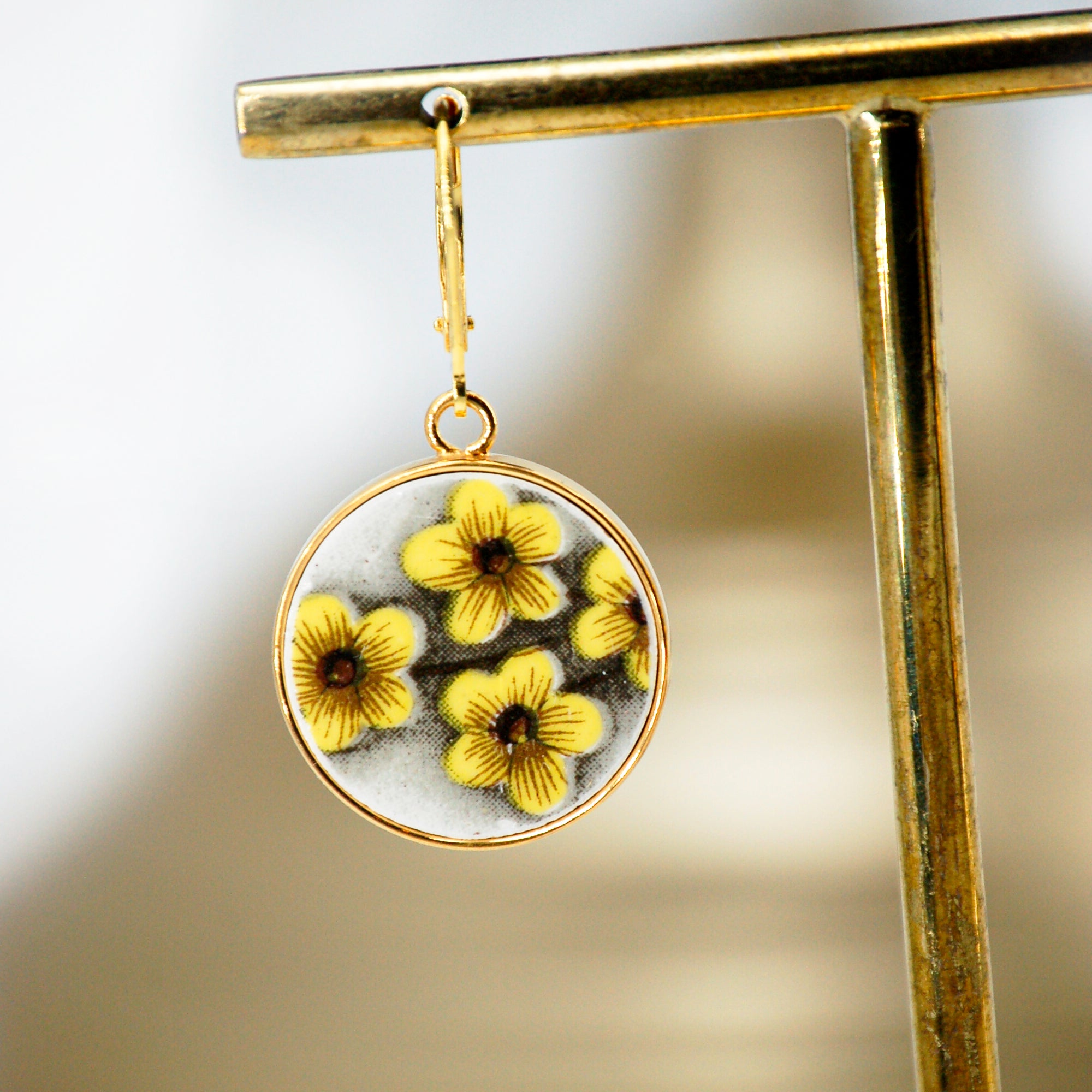 "Small Bouquet of Yellow Flowers" Earrings, Gold Finish